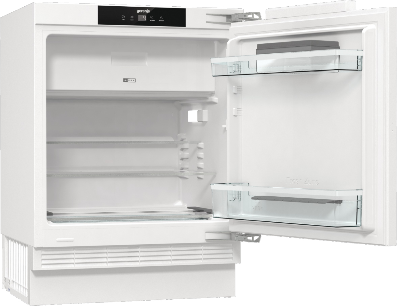 Ein weißer, offener Kühlschrank mit Glasböden und digitaler Anzeige. Das Innere ist sichtbar, mit einer 'Fresh Zone' Schublade.