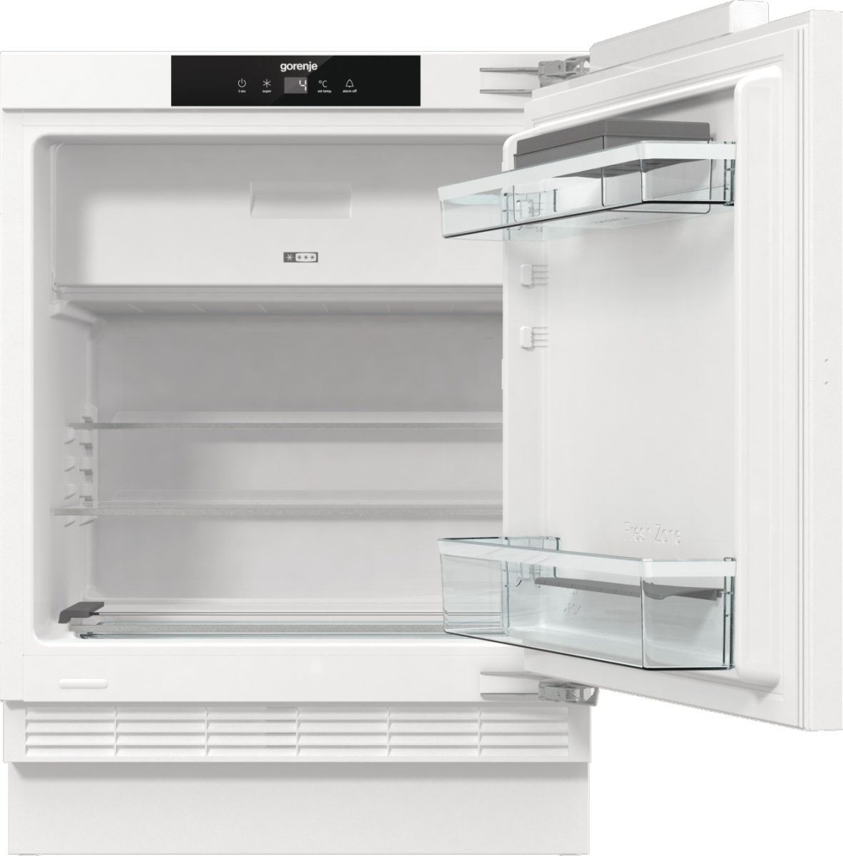 Weißer Kühlschrank, offene Tür. Im Inneren befinden sich Glasböden und transparente Aufbewahrungsfächer. Ein Bedienfeld zeigt die Einstellungen an.