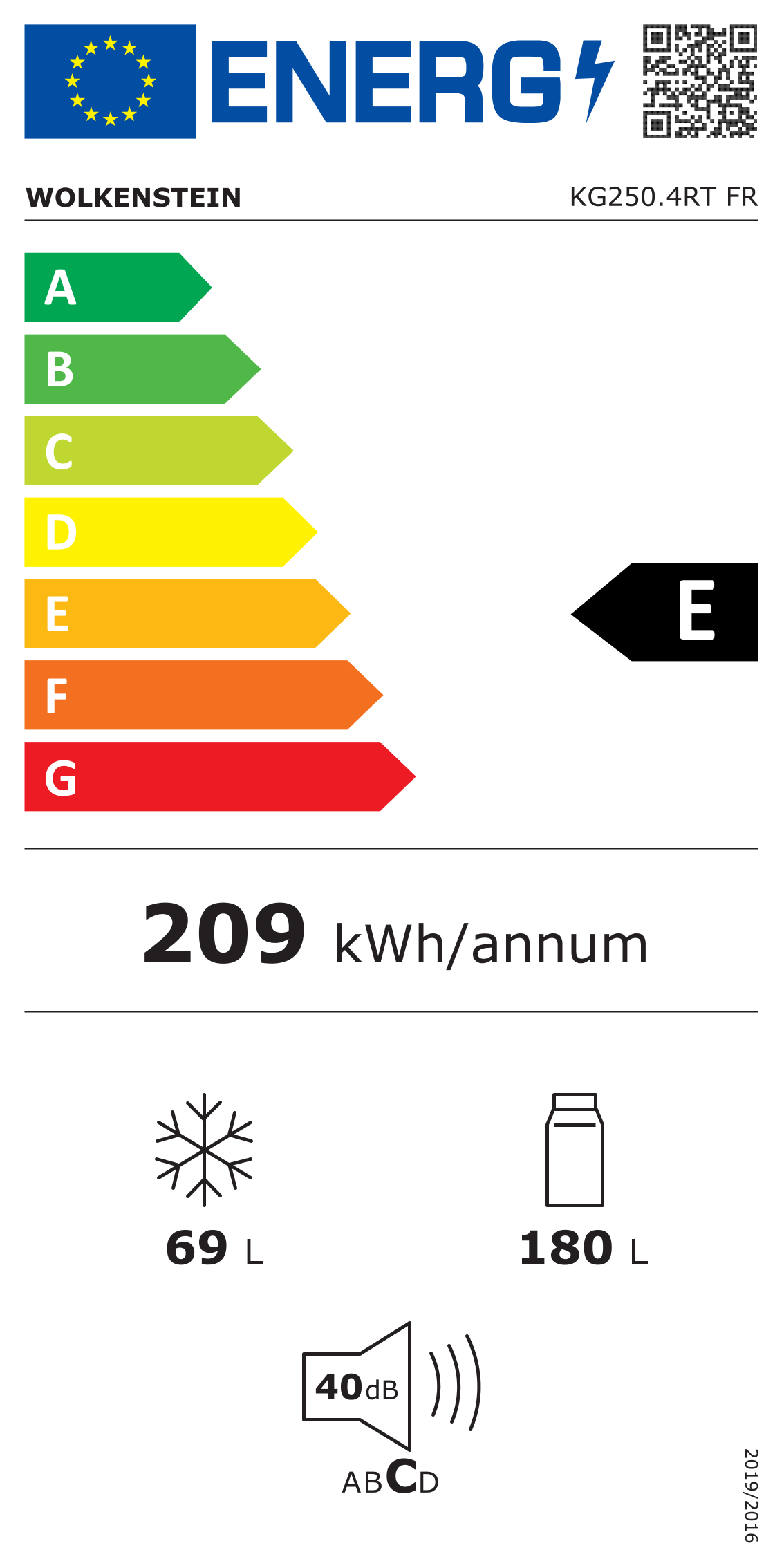 Energielabel für einen Kühlschrank. Zeigt Energieeffizienz von A bis G, mit Bewertung 'E'. Enthält kWh/Jahr, Kapazität und Geräuschpegel.
