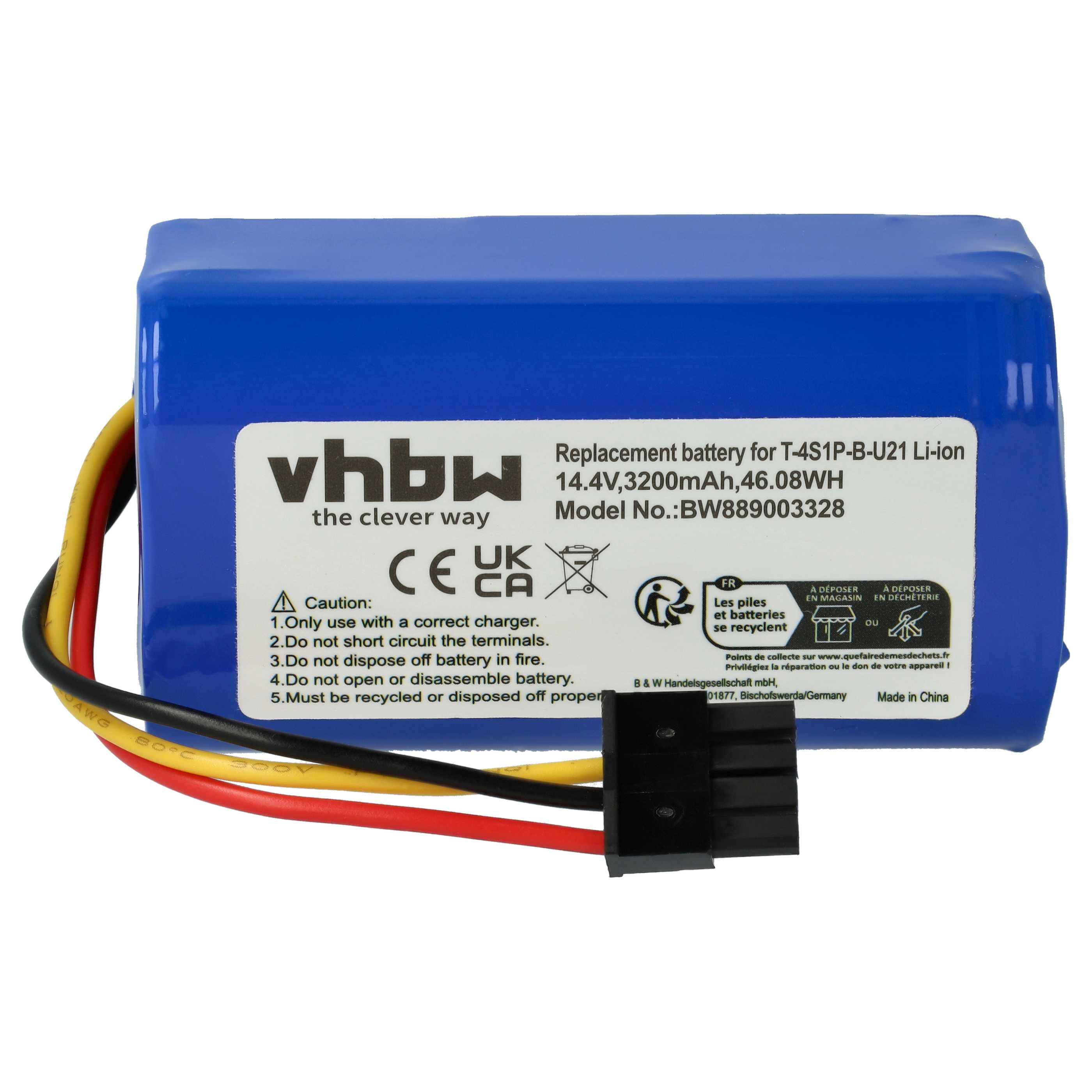 Blauer Akku-Pack mit Text, gelben, roten und schwarzen Drähten. Er hat einen Stecker und Sicherheitshinweise.