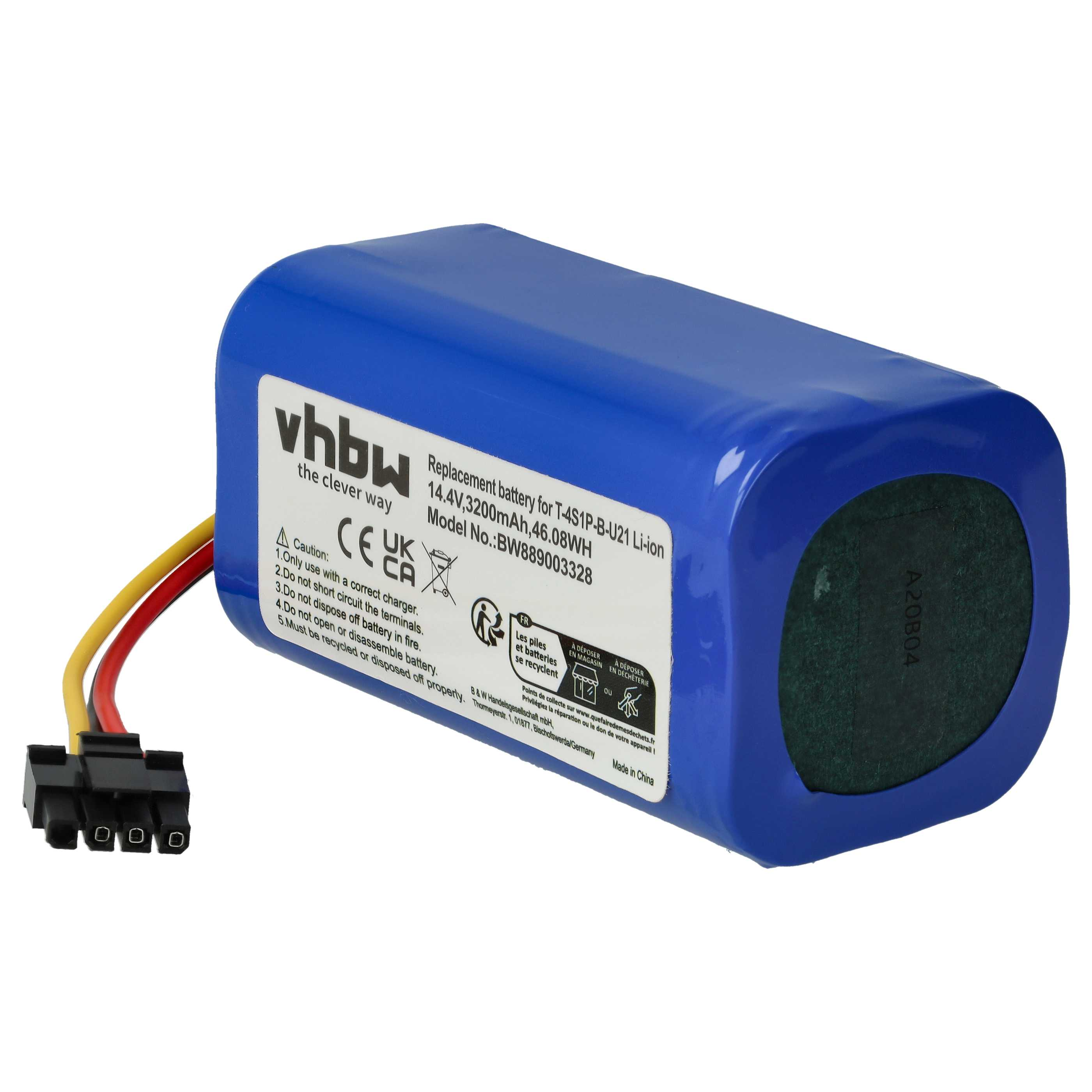 Ein blauer Akku mit Text, Modellinformationen und einem Stecker. Es hat einen grünen Boden und gelbe, rote und schwarze Drähte.