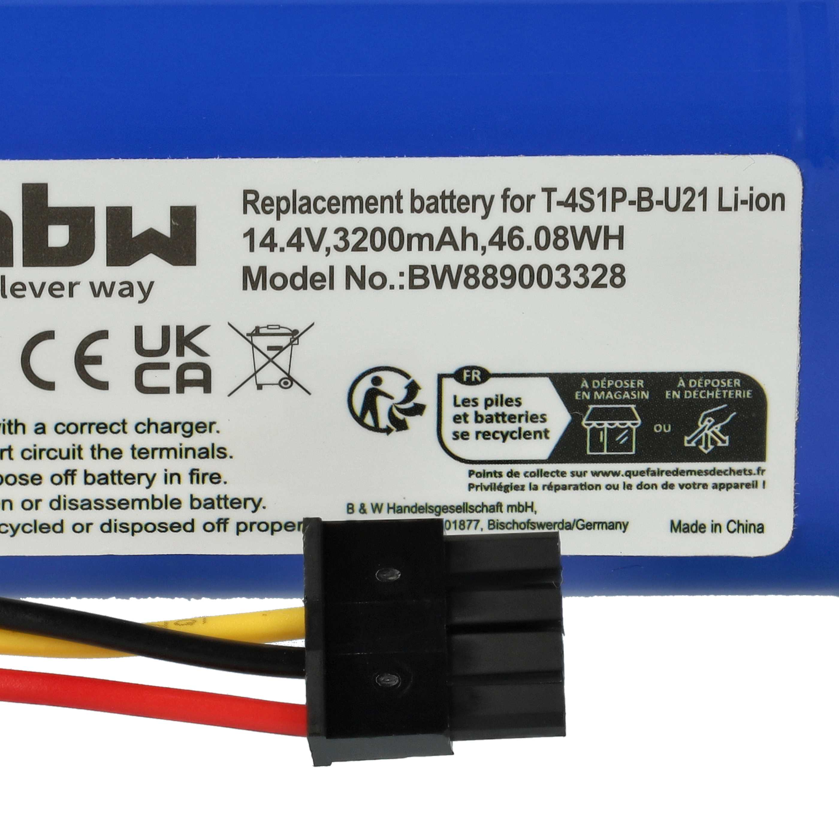 Ein blaues Batterieetikett mit Text und Symbolen, ein schwarzer Stecker und rote, gelbe und schwarze Drähte.