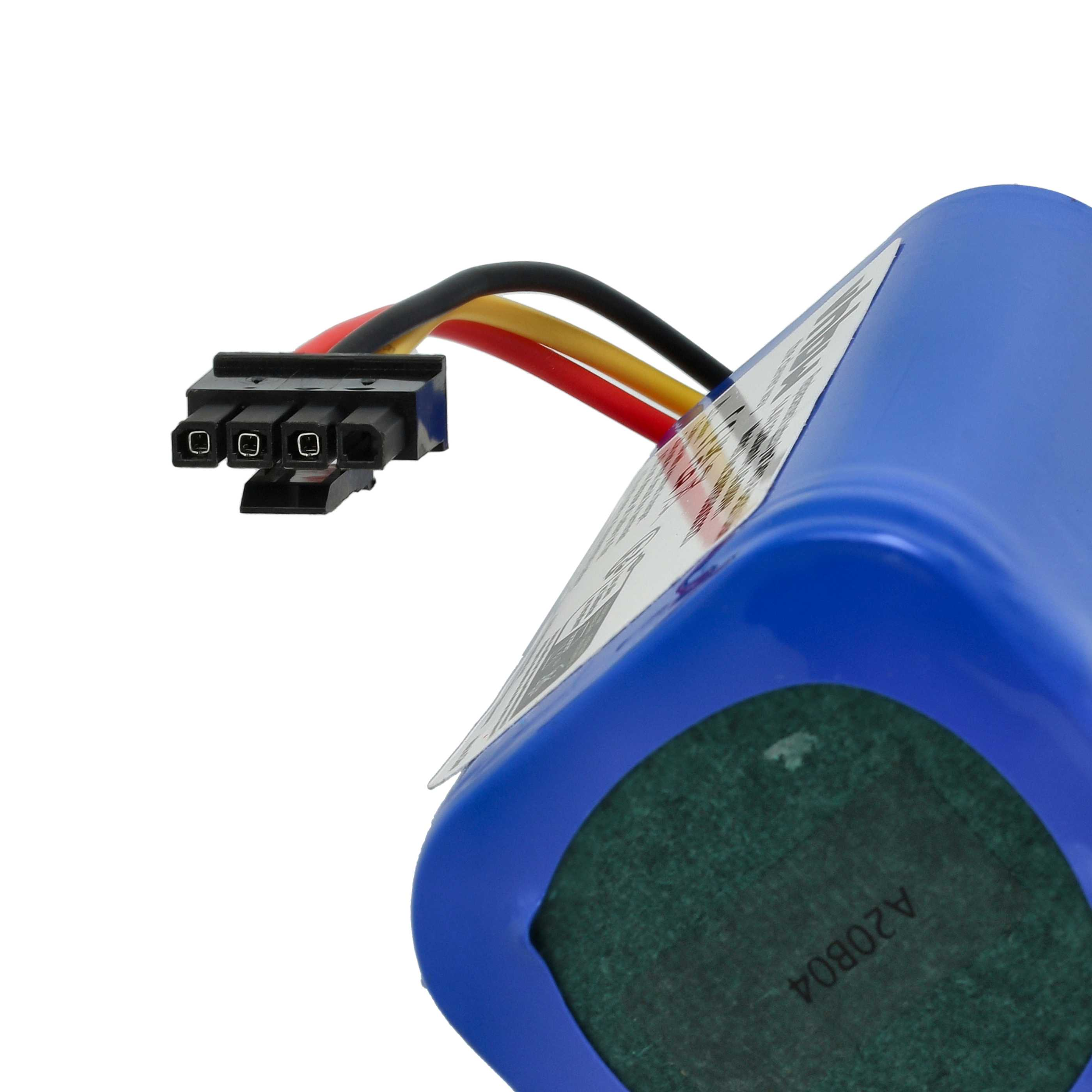 Eine blaue Batteriezelle mit einem schwarzen Stecker und farbigen Drähten. Ein grüner Aufkleber mit Text ist sichtbar.