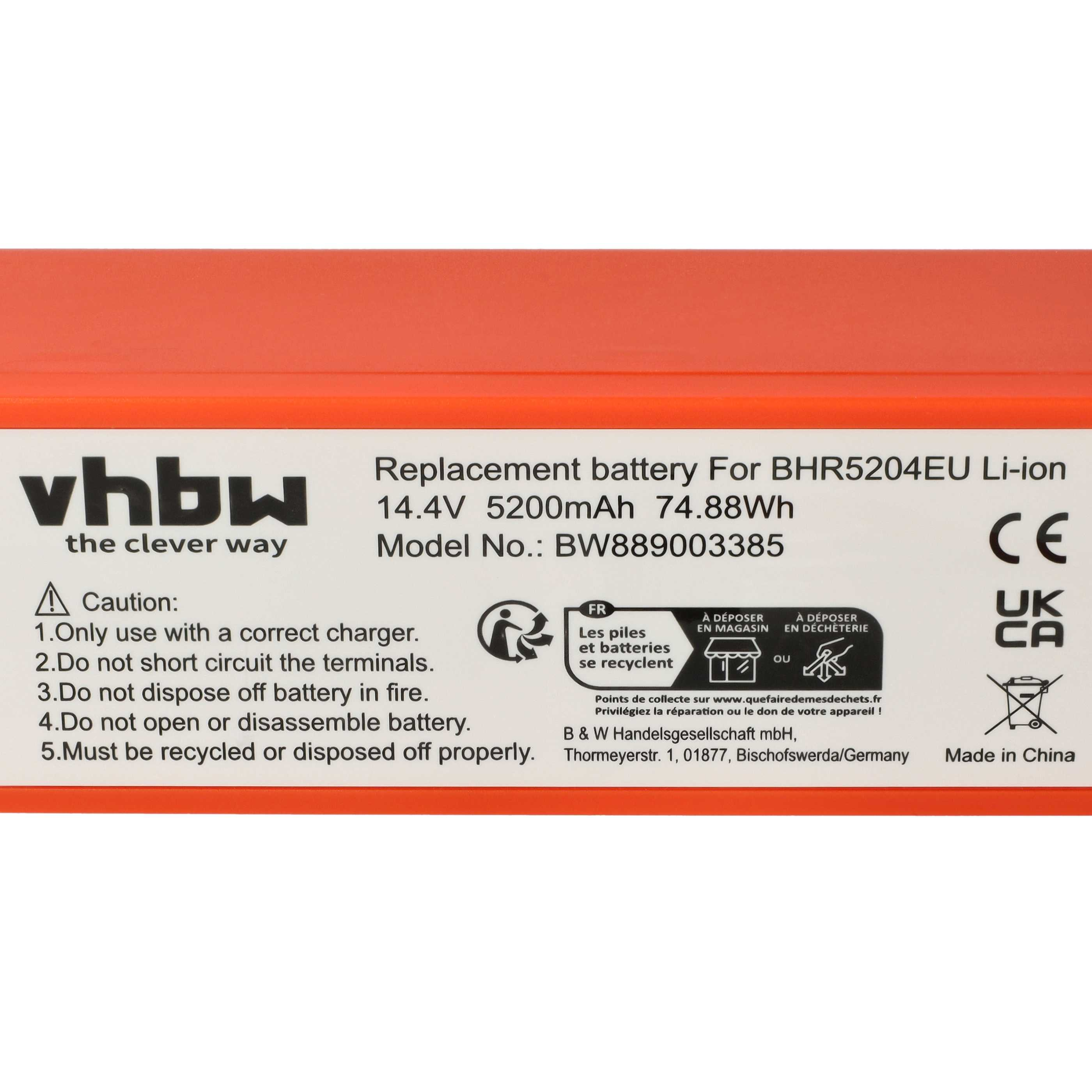 Ein Akku mit Warnhinweisen und Recycling-Symbolen vor orangefarbenem Hintergrund und weißem Hintergrund.