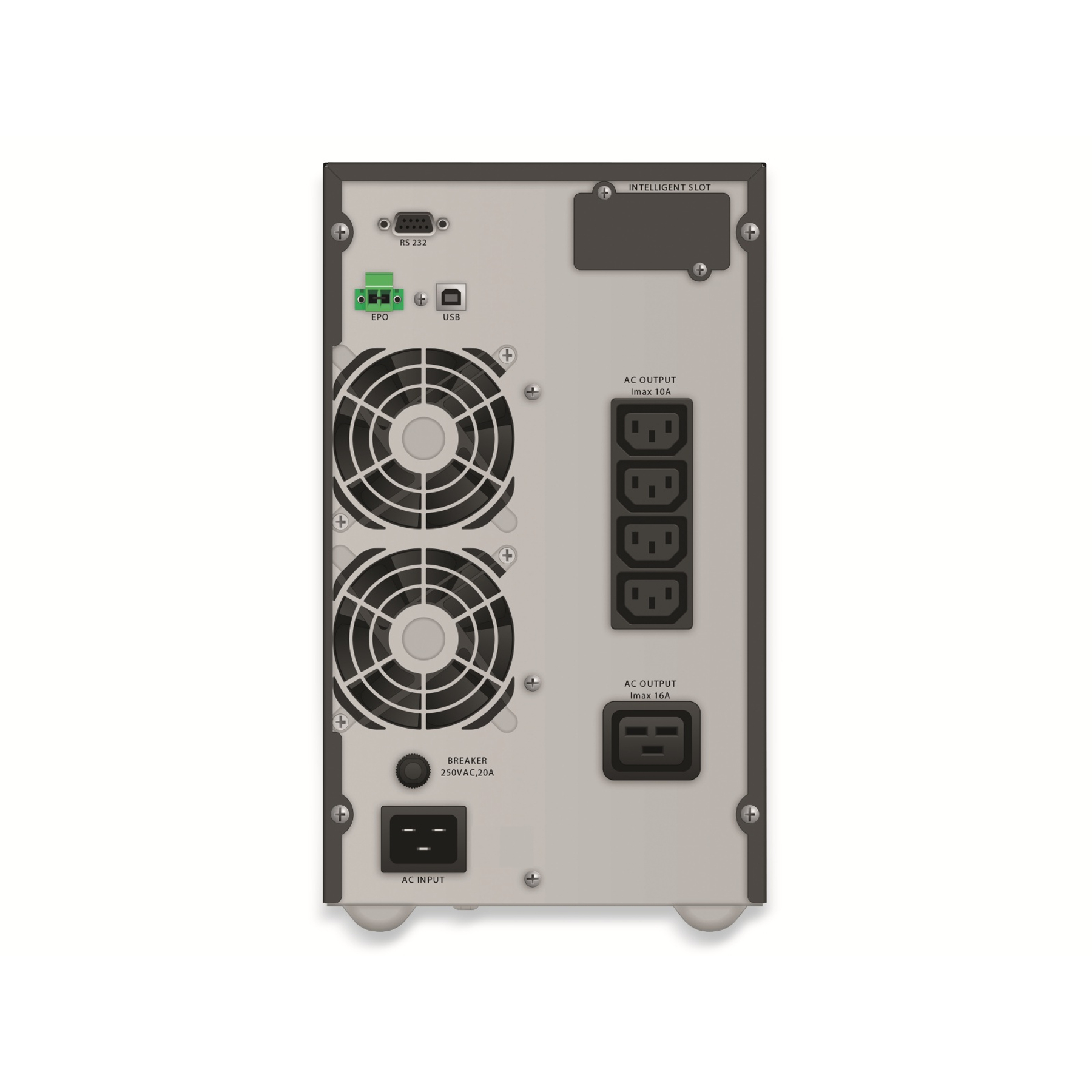 Rückseite eines USV-Geräts mit Anschlüssen, Lüftern und Steckdosen. Enthält RS232, USB, AC-Ein-/Ausgang und einen Leistungsschalter.
