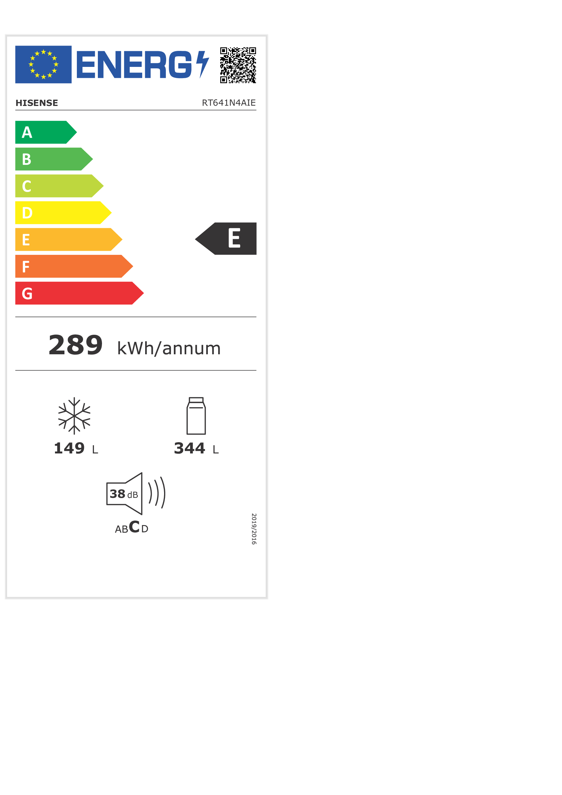 Etiqueta energética para un refrigerador Hisense. Muestra una clasificación energética E, 289 kWh/año, congelador 149L y refrigerador 344L.