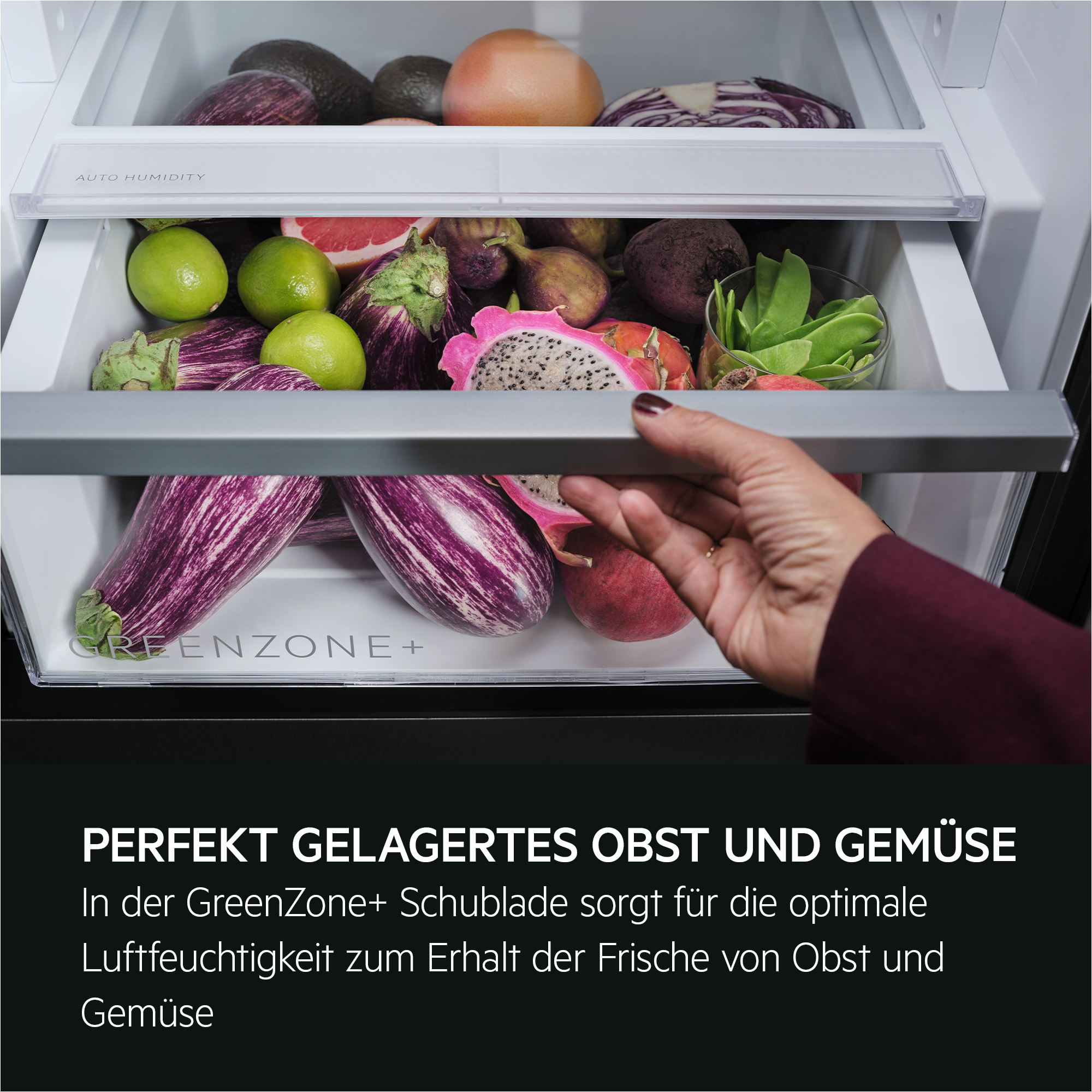 Eine Kühlschublade mit verschiedenen Früchten und Gemüse. Eine Hand öffnet die Schublade. Text unten.