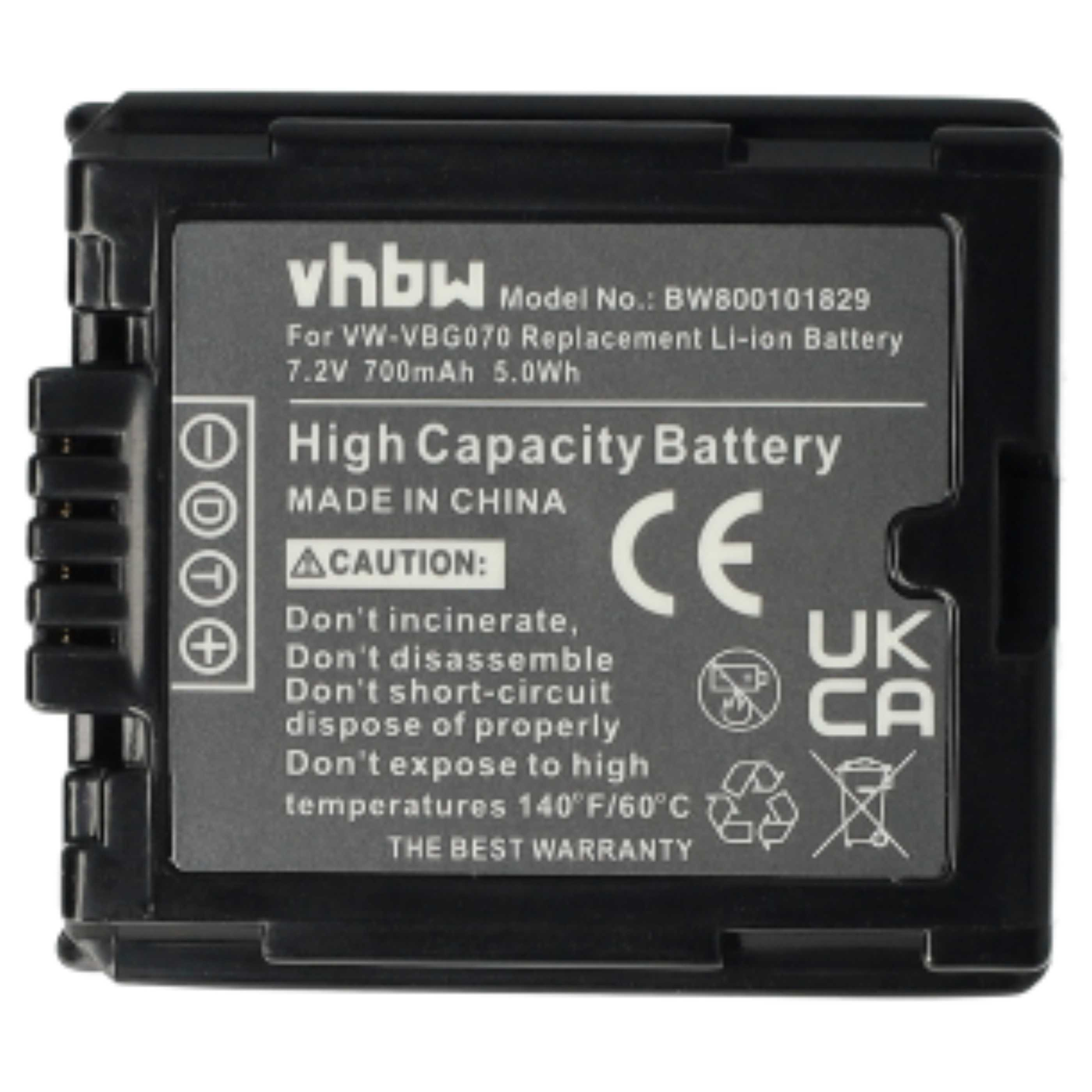 Schwarzer Akku mit grauem Etikett. Text enthält 'High Capacity Battery', '7.2V 700mAh' und Warnhinweise. 'CE' und 'UK CA' sind sichtbar.