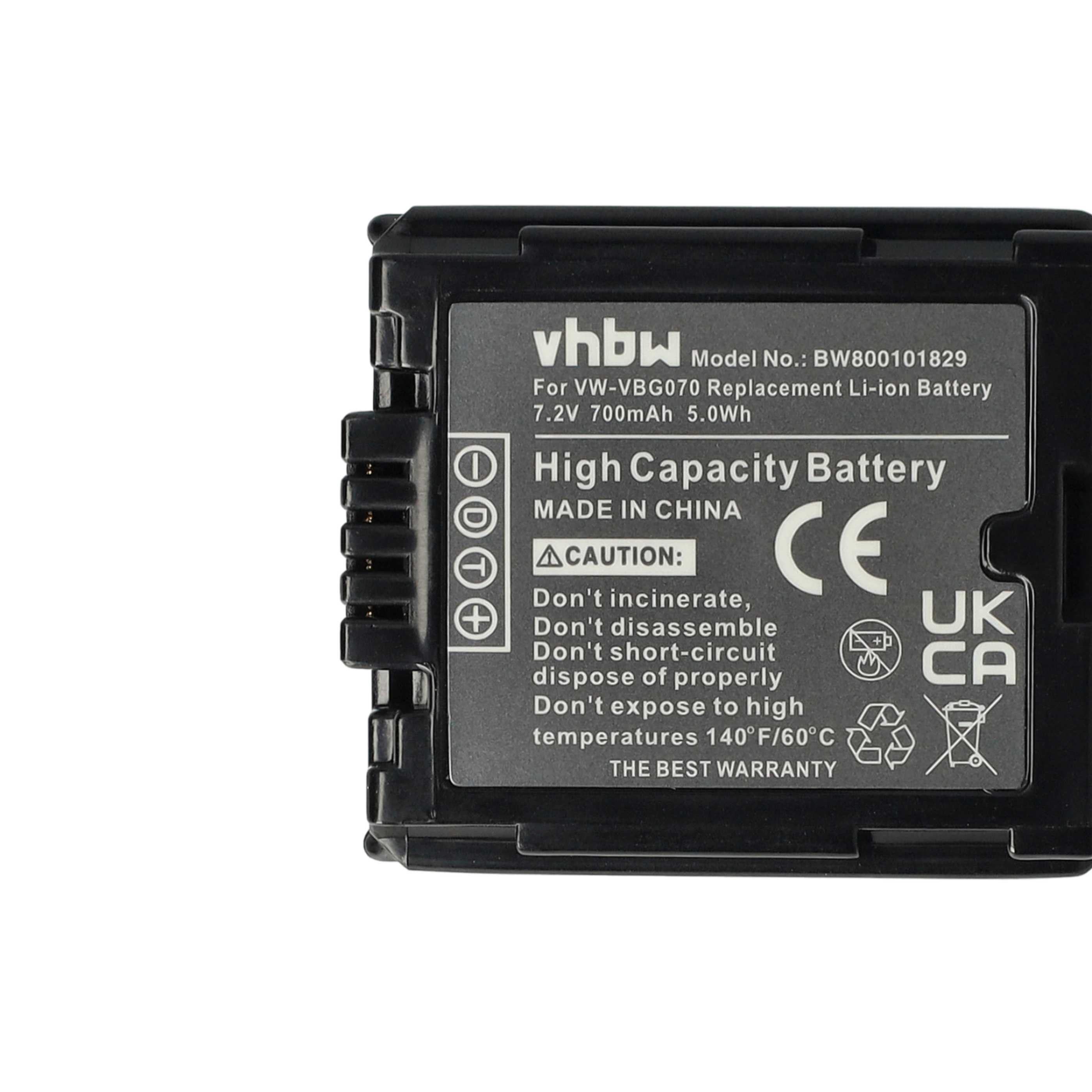 Ein schwarzer Akku mit weißem Text, darunter "High Capacity Battery", Warnhinweise und Logos. Hergestellt in China.