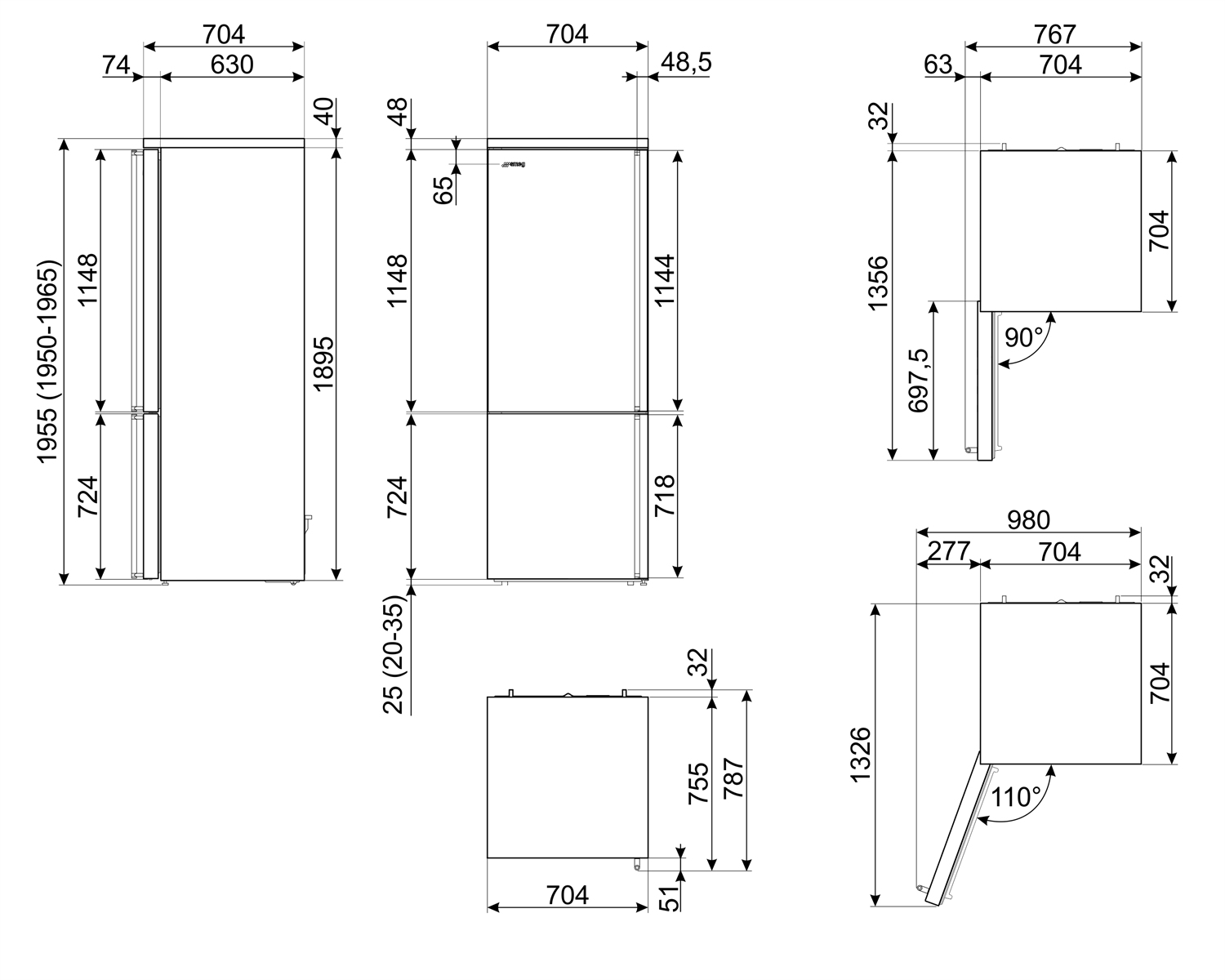 Dibujos técnicos de un refrigerador con dimensiones en milímetros. Múltiples vistas: frontal, lateral y superior, con medidas detalladas.