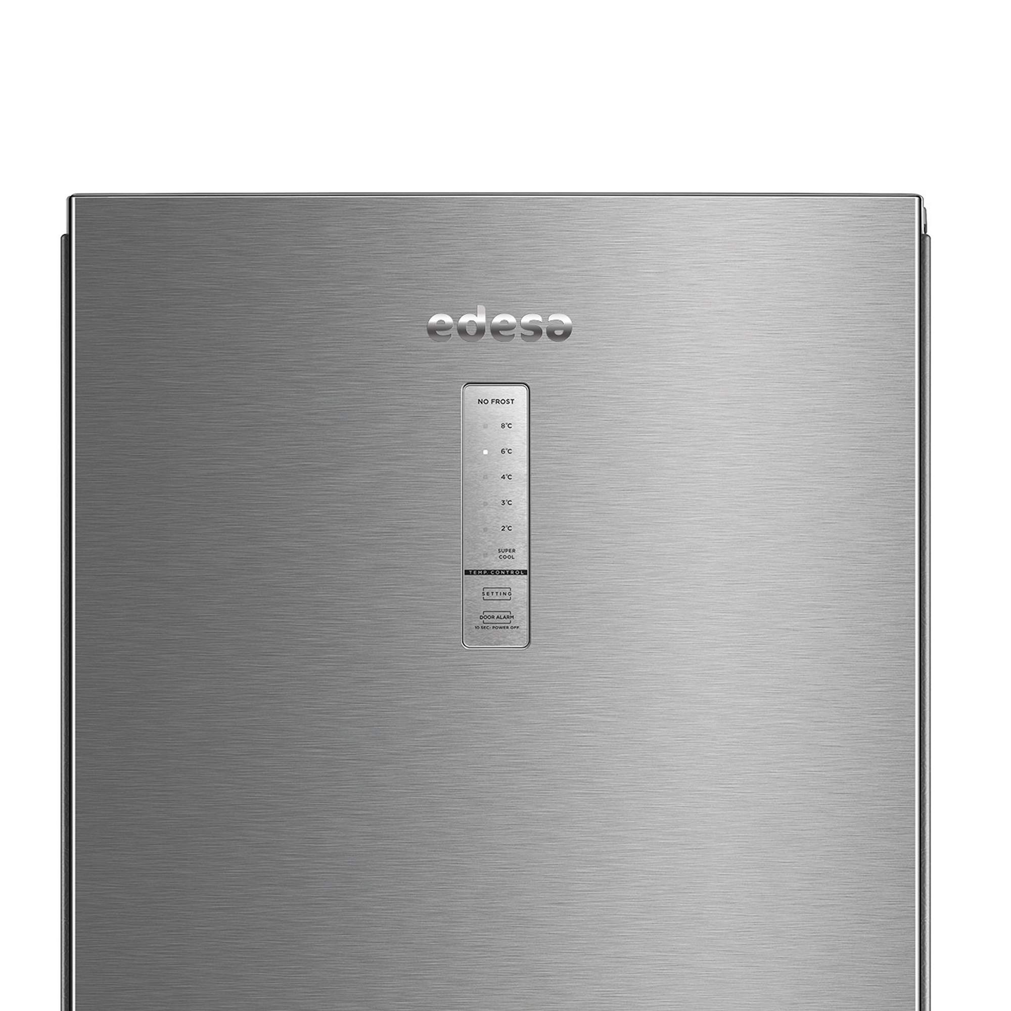 Una puerta de refrigerador Edesa plateada. Tiene un panel de control con ajustes de temperatura y un logotipo en la parte superior.