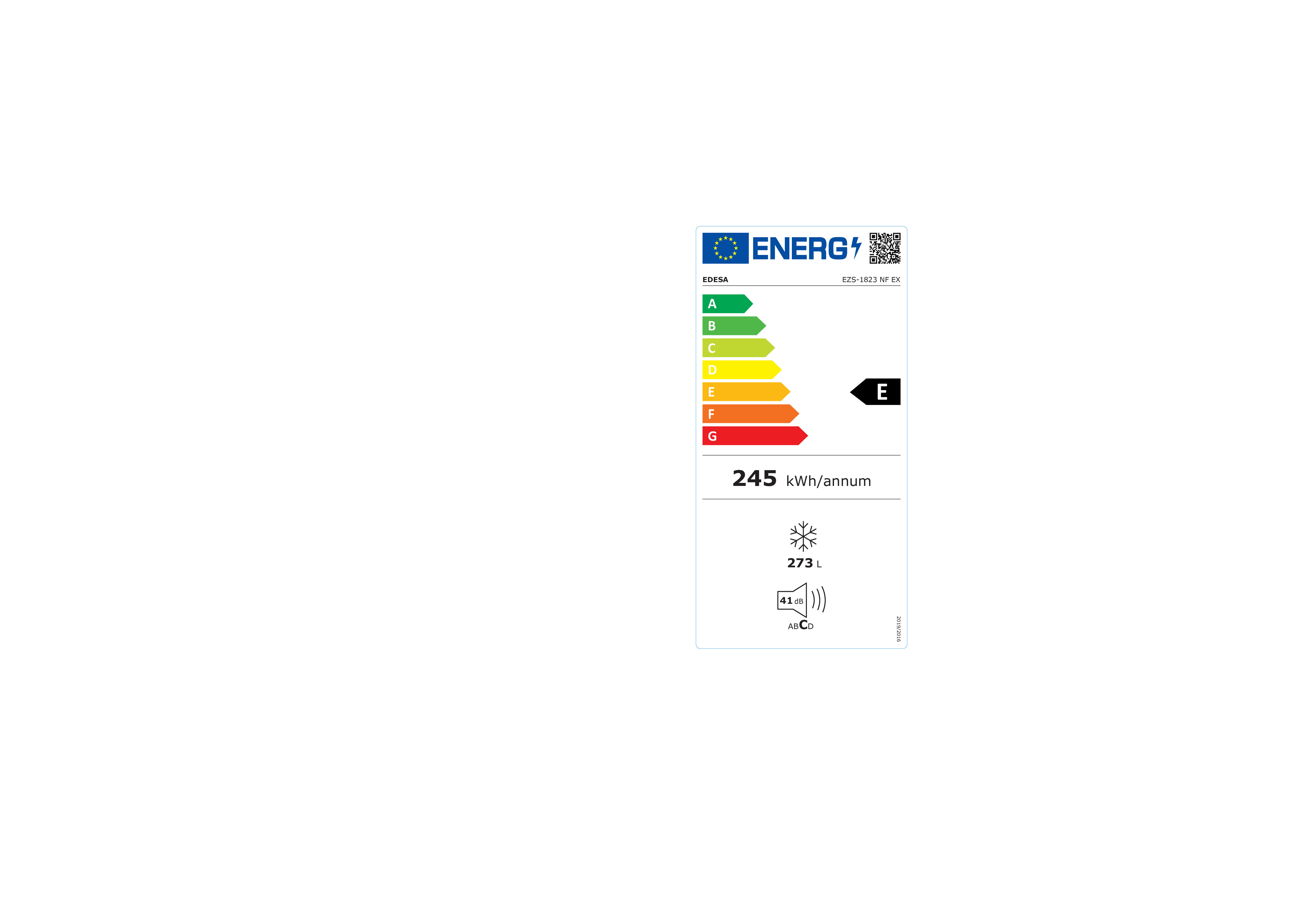 Una etiqueta energética para un frigorífico, que muestra la clase E, el consumo y otras especificaciones.