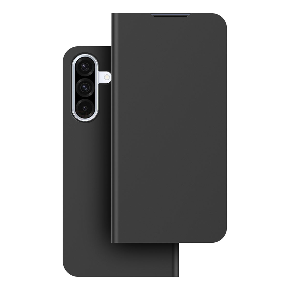 Zwarte smartphone met een flip cover, die de achterkant met drie camera's laat zien. De cover is open en toont het scherm.