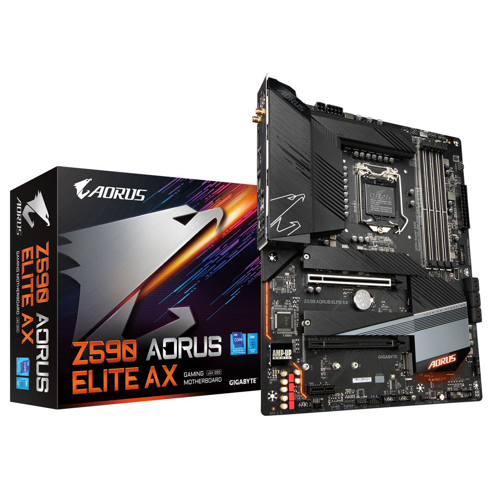 Ein schwarzes Z590 AORUS ELITE AX Gaming-Motherboard mit seiner Box. Die Box trägt das AORUS-Logo und denselben Namen.