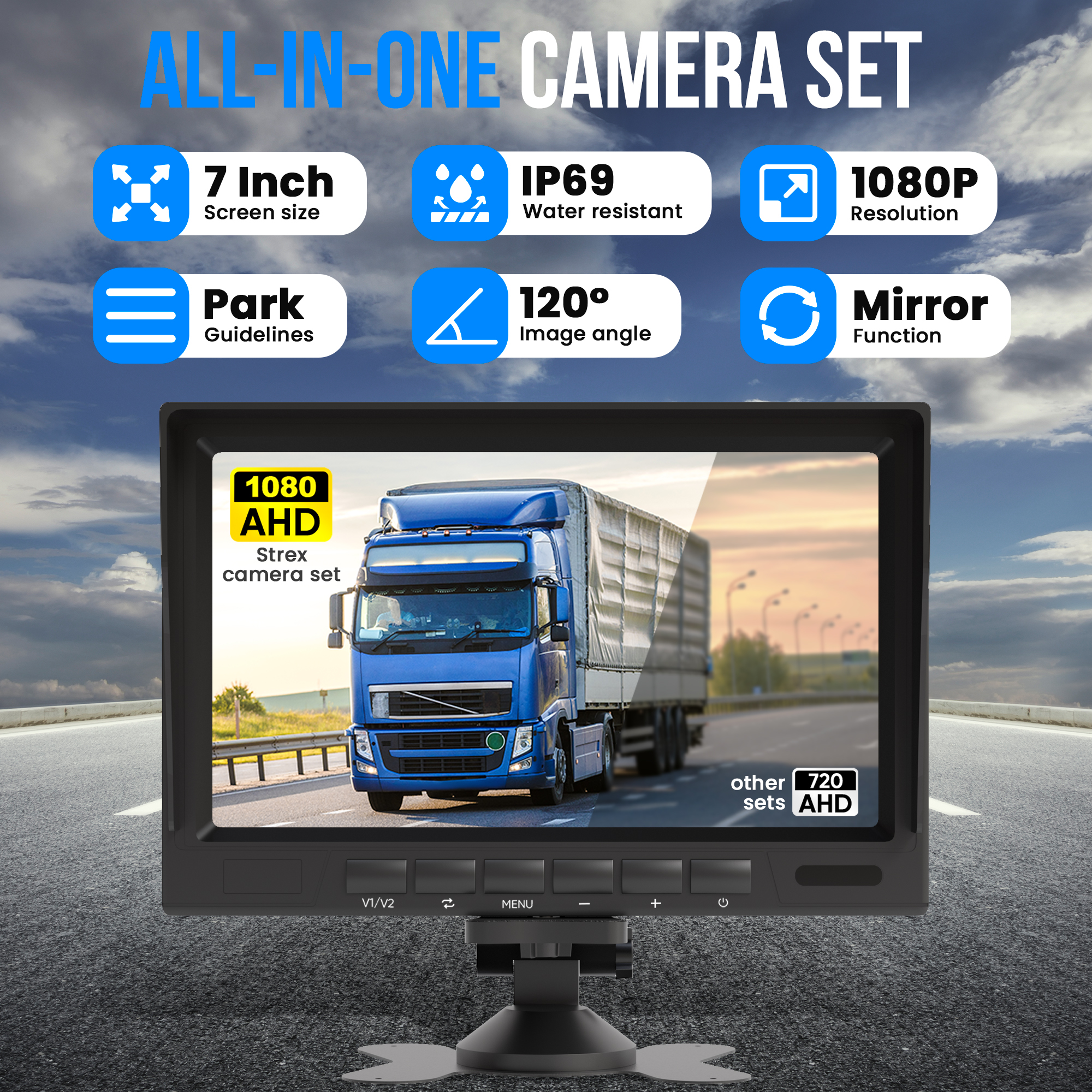 Un écran de caméra affiche un camion sur la route. Il met en évidence des fonctionnalités telles que la résolution 1080P, écran 7 pouces, et les repères de stationnement.