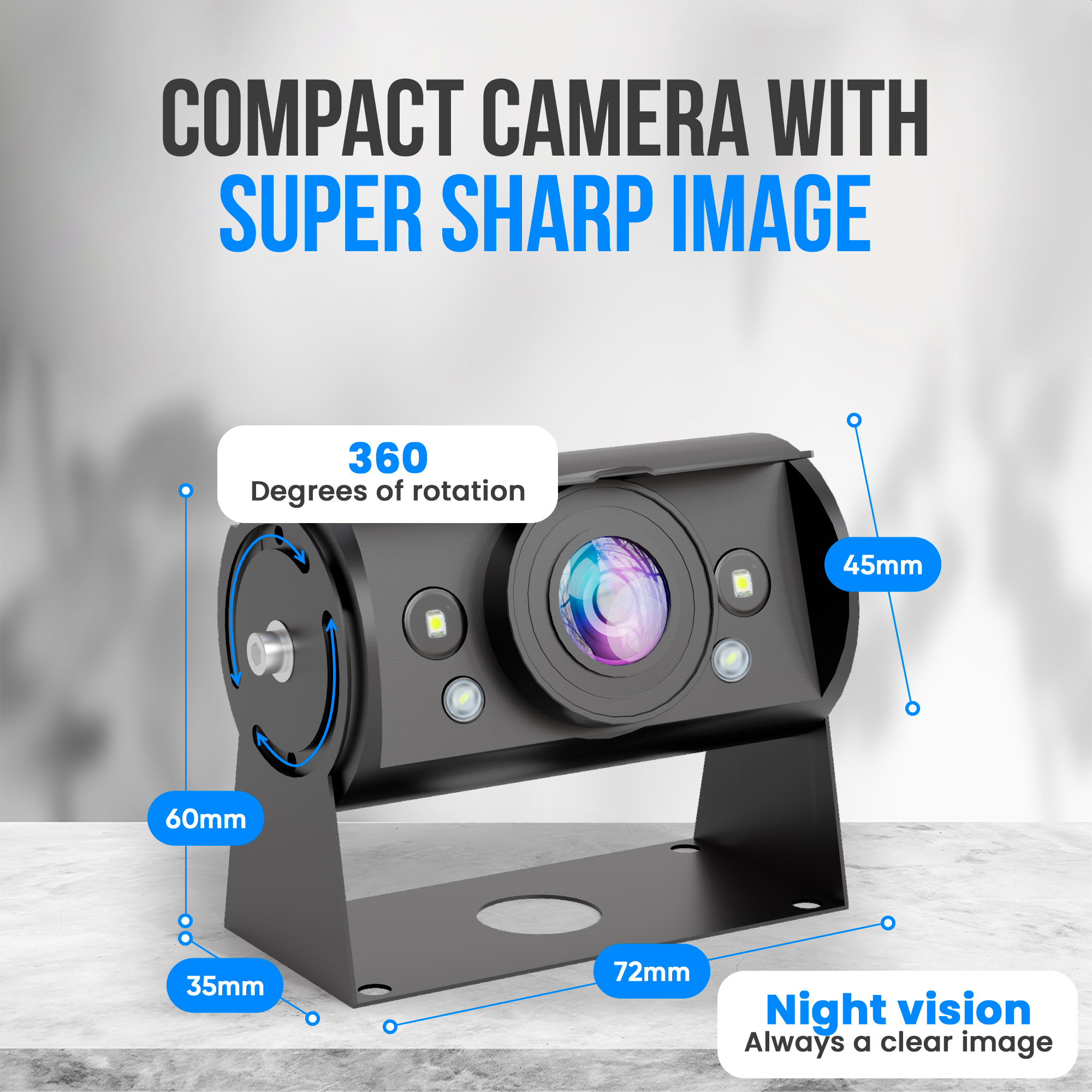 Une caméra noire compacte avec rotation à 360 degrés, vision nocturne et dimensions indiquées. Texte : 'Image super nette'.