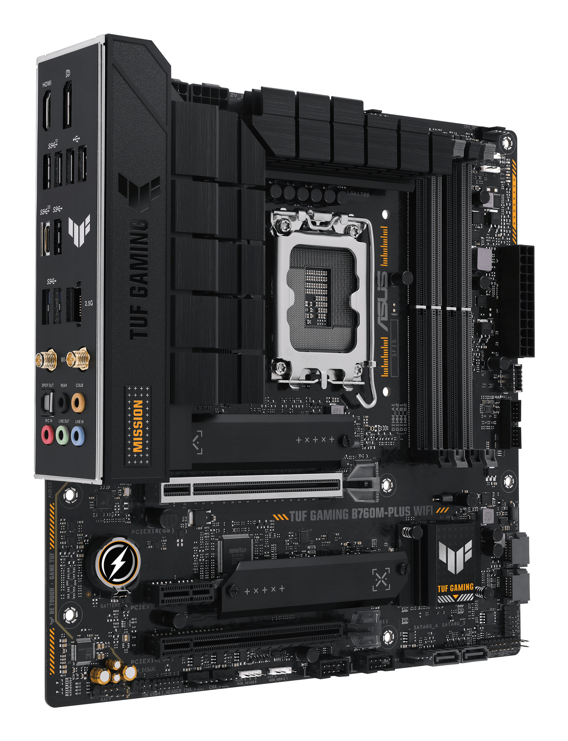 Una scheda madre nera con varie porte, slot e il logo ASUS TUF GAMING. Ha un socket CPU e diversi connettori.