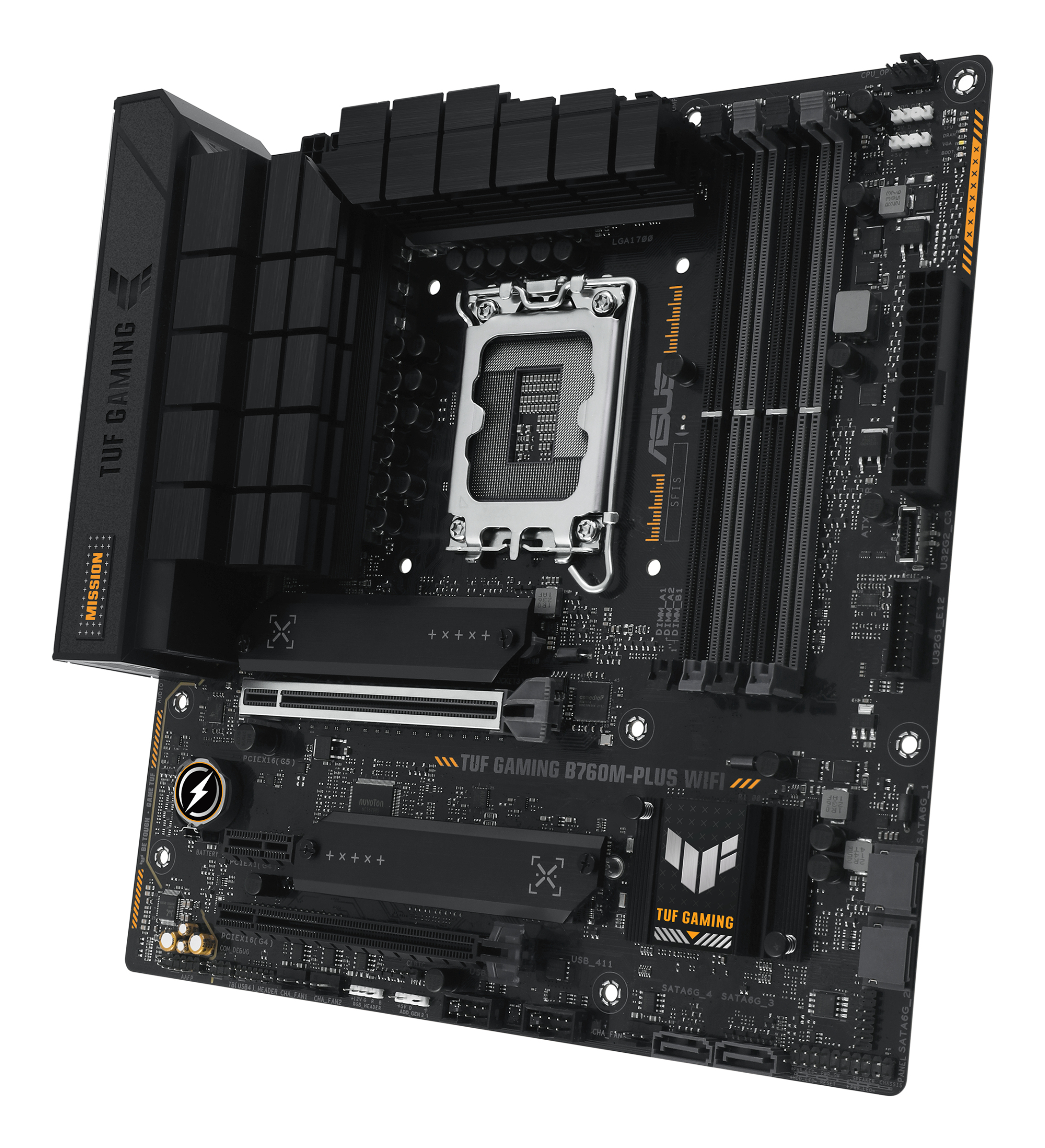 Una scheda madre ASUS TUF Gaming B760M-PLUS WIFI nera. Ha vari slot, connettori e il logo TUF Gaming.