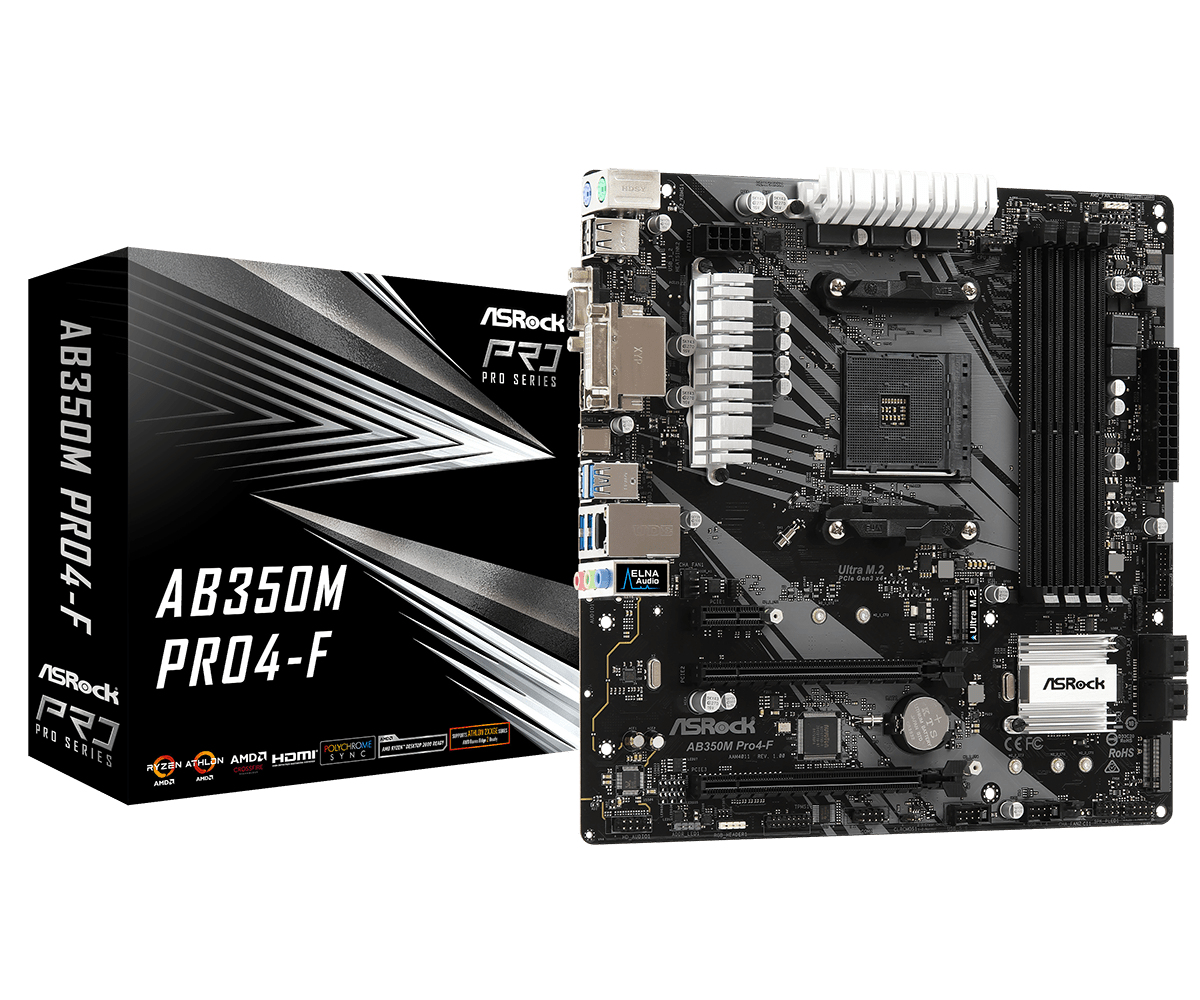 Una scheda madre ASRock AB350M Pro4-F e la sua scatola. La scatola è nera con testo bianco. La scheda madre è nera.