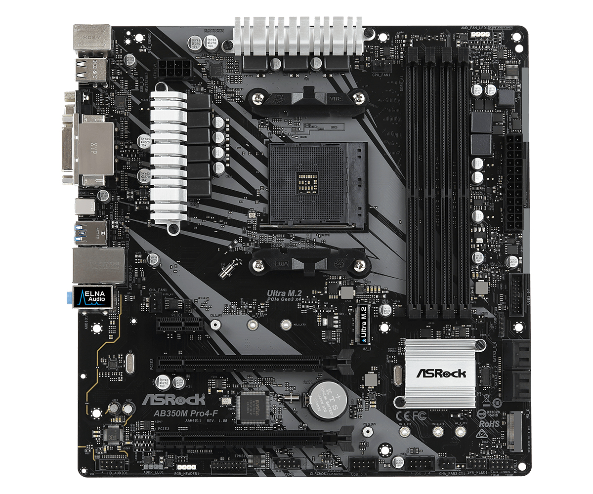 Una scheda madre ASRock AB350M Pro4-F nera e grigia. I componenti includono un socket CPU, slot RAM e vari connettori.
