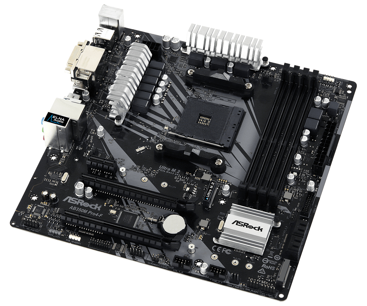 Scheda madre ASRock AB350M Pro4-F nera su bianco. Dissipatori argentati, slot neri e vari componenti sono visibili.