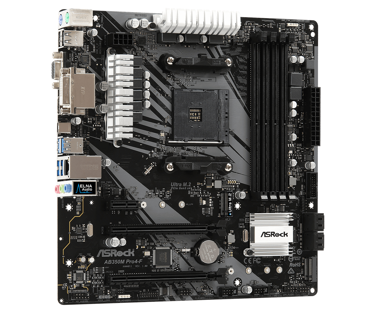 Una scheda madre per computer nera e grigia. Ha vari slot, porte e chip. Il marchio ASRock è visibile sulla scheda.