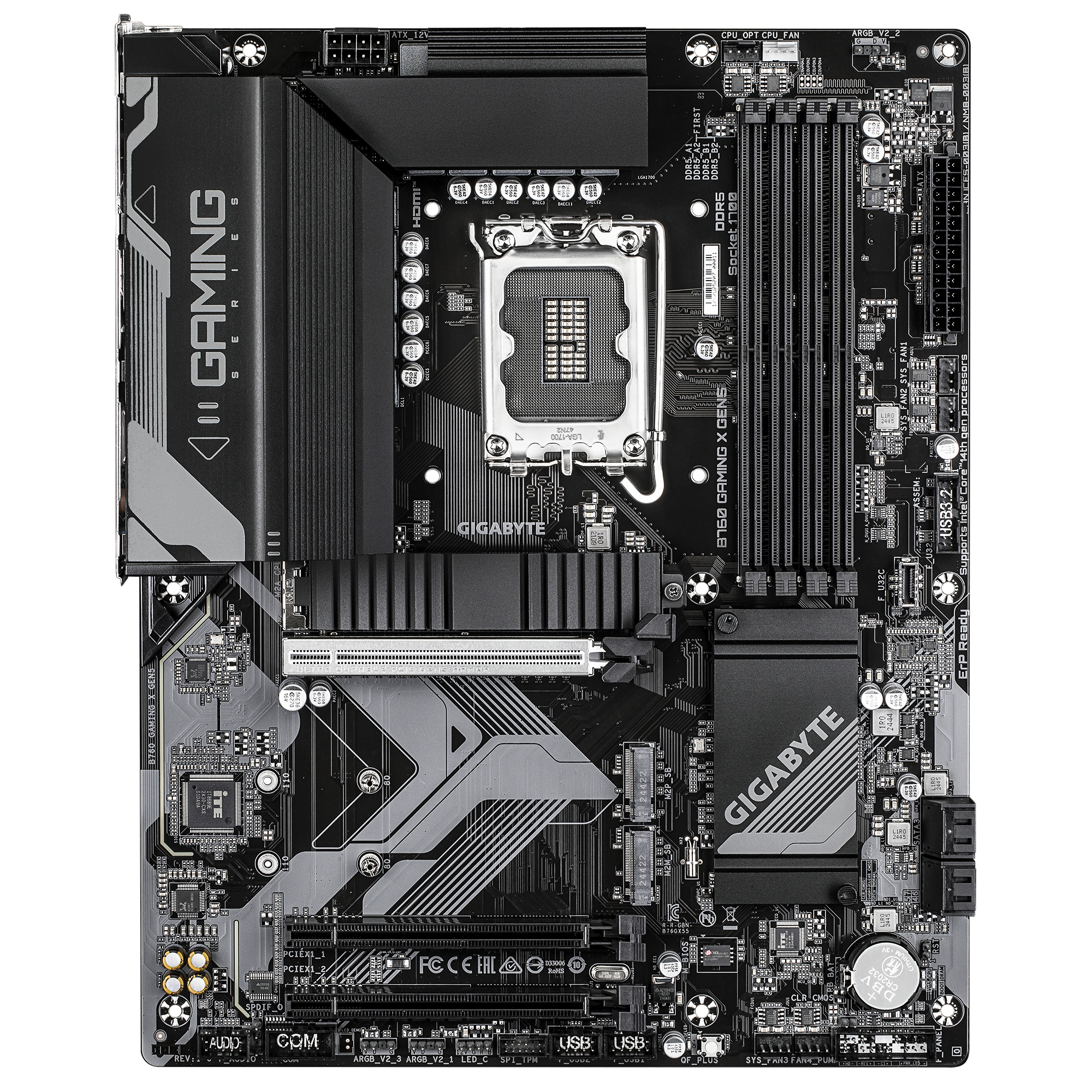 Een zwart Gigabyte B760 Gaming X moederbord met tal van componenten, waaronder CPU-socket, RAM-sleuven en USB-poorten.