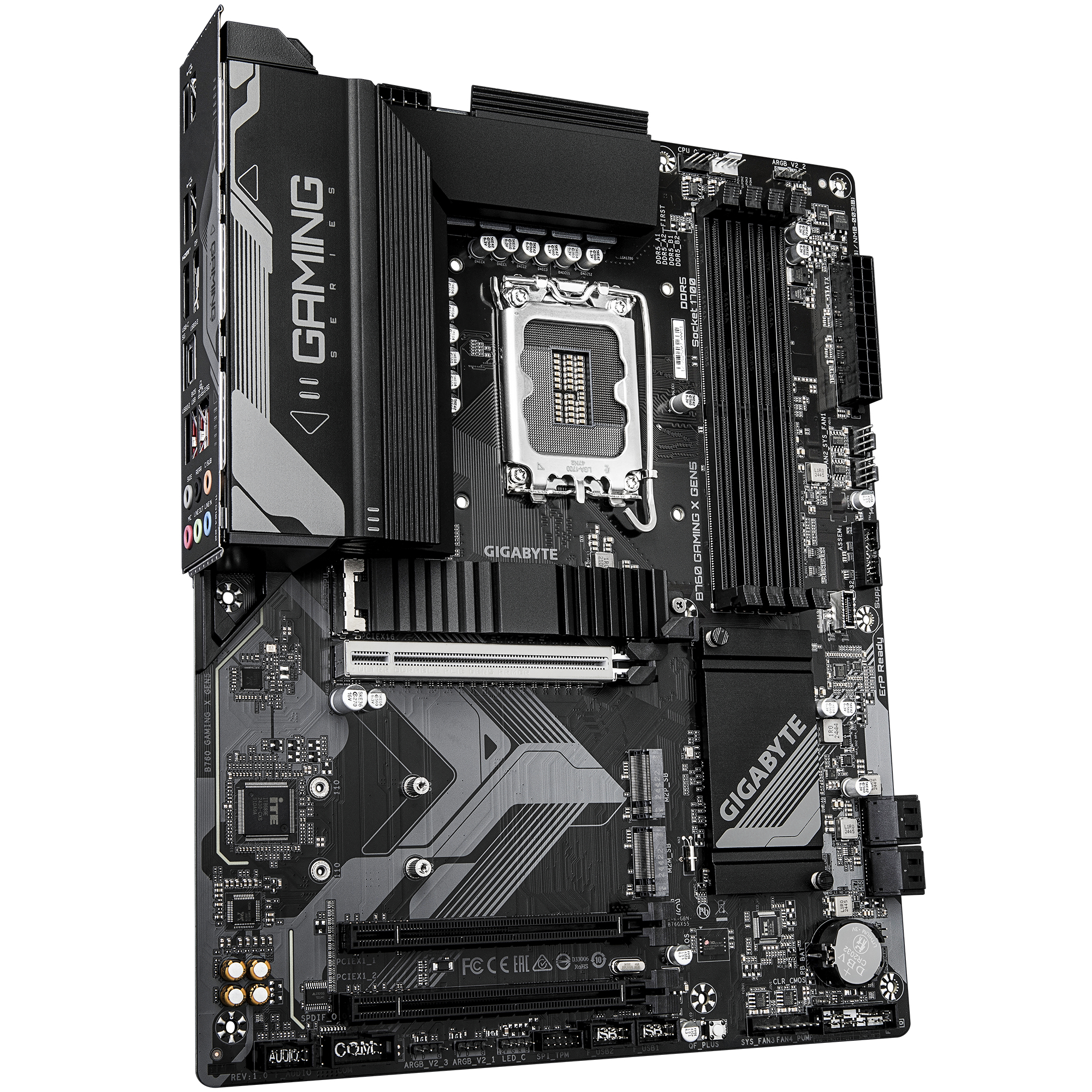 Een zwart-grijze Gigabyte B760 Gaming X-moederbord. Het heeft verschillende slots, poorten en het 'GAMING' serie logo.