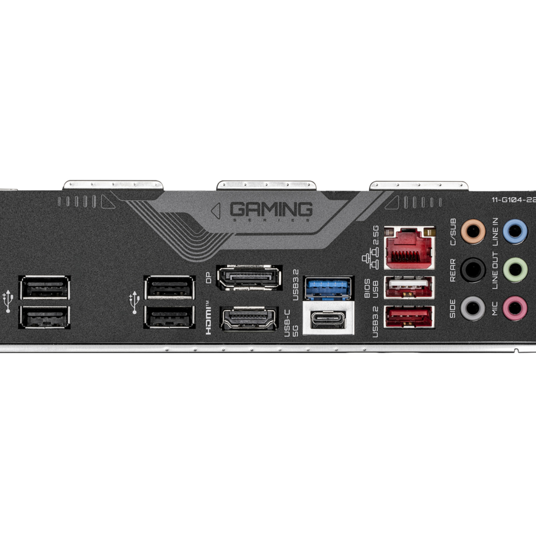 Panel trasero de una placa base con varios puertos: USB, HDMI, conectores de audio y puerto de red. La placa es negra y gris.