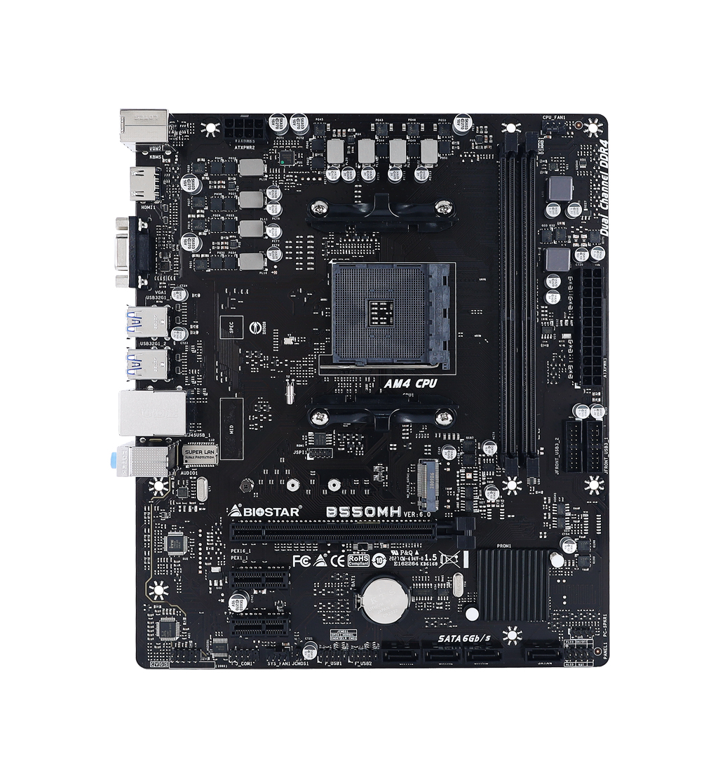 Scheda madre per computer nera con vari componenti, tra cui slot, porte e un socket CPU. Il marchio è Biostar.