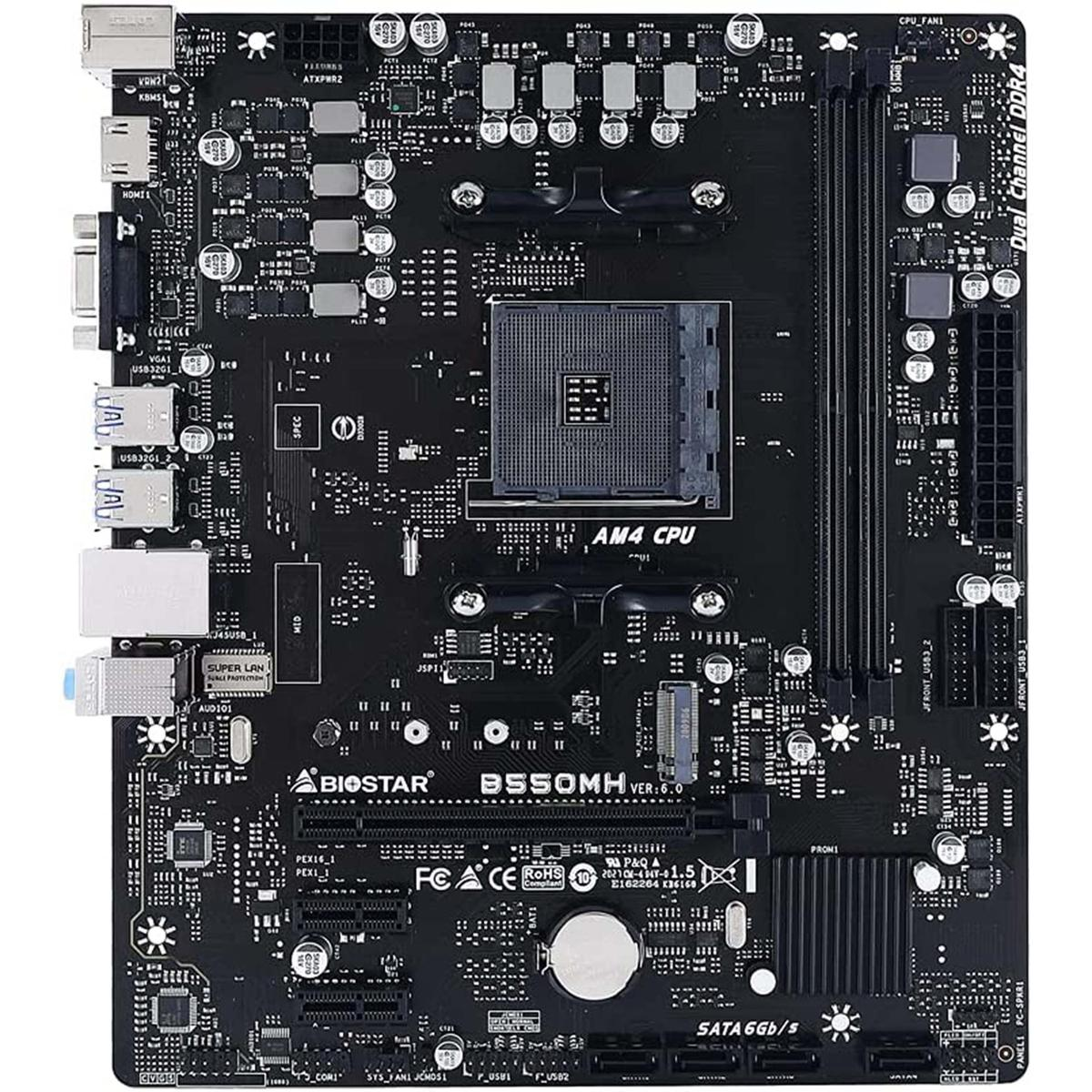 Scheda madre di computer nera con vari componenti come socket CPU, slot e connettori. È visibile 'BIOSTAR B550MH'.