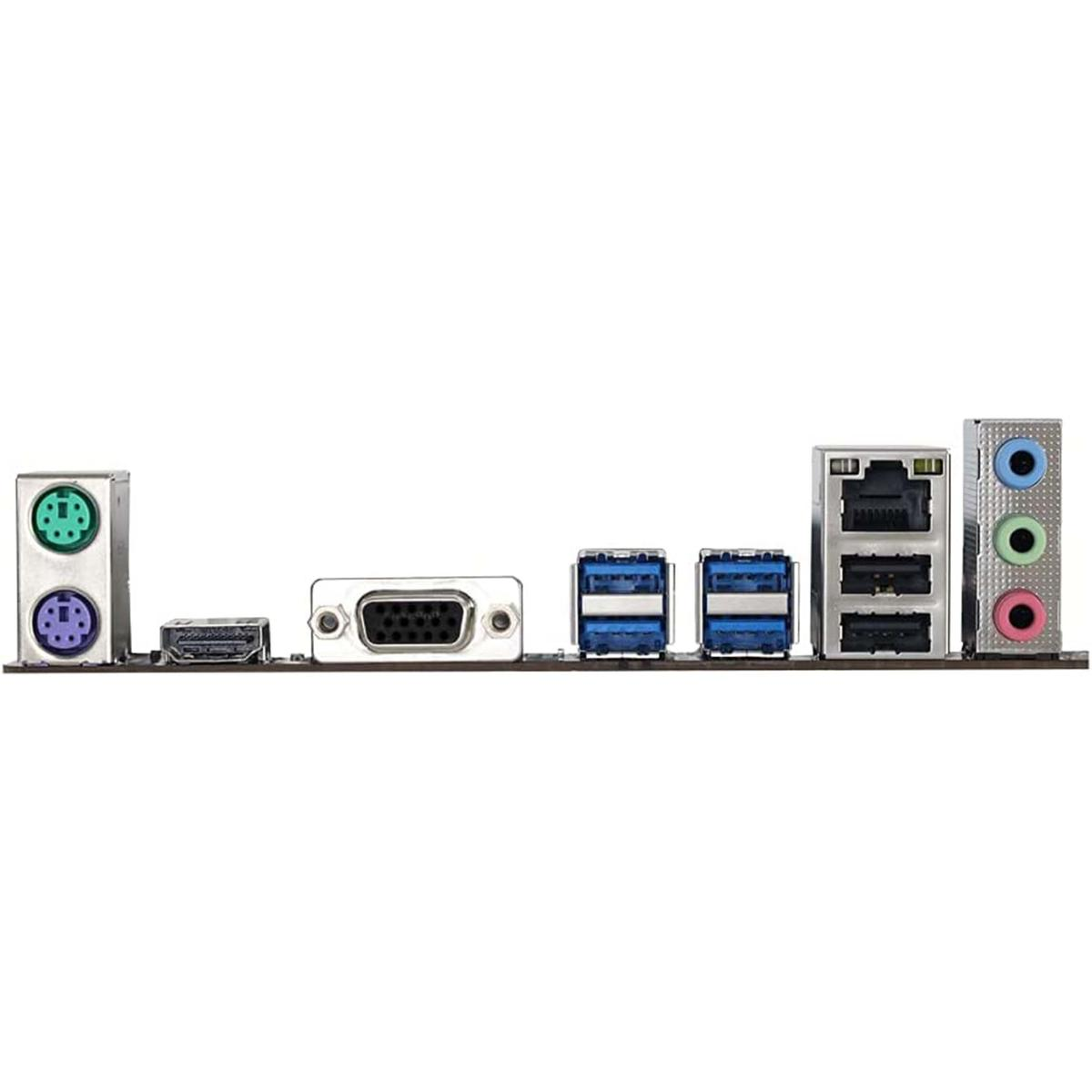 Pannello posteriore di una scheda madre del computer. Include porte per USB, audio, ethernet e uscita video, con vari colori e forme.