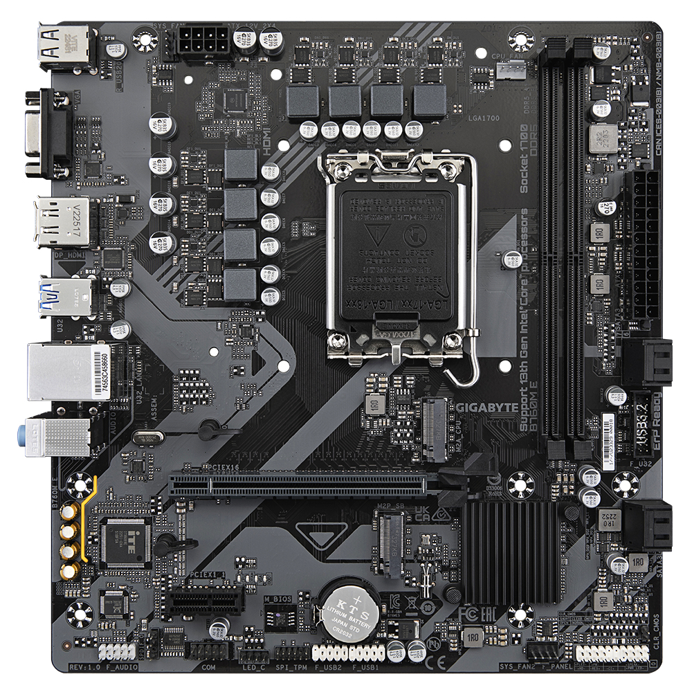 A black and grey Gigabyte B760M motherboard with various components, including a CPU socket and expansion slots.
