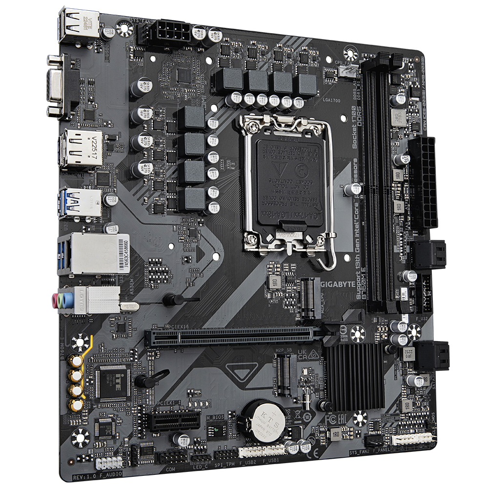 A grey and black computer motherboard. Various components, connectors, and chips are visible. The brand is Gigabyte.