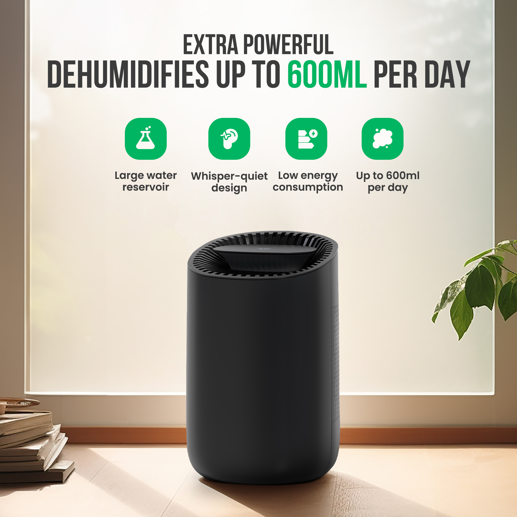 A black dehumidifier on a wooden floor is in front of a window. Text above says it dehumidifies up to 600ml per day.