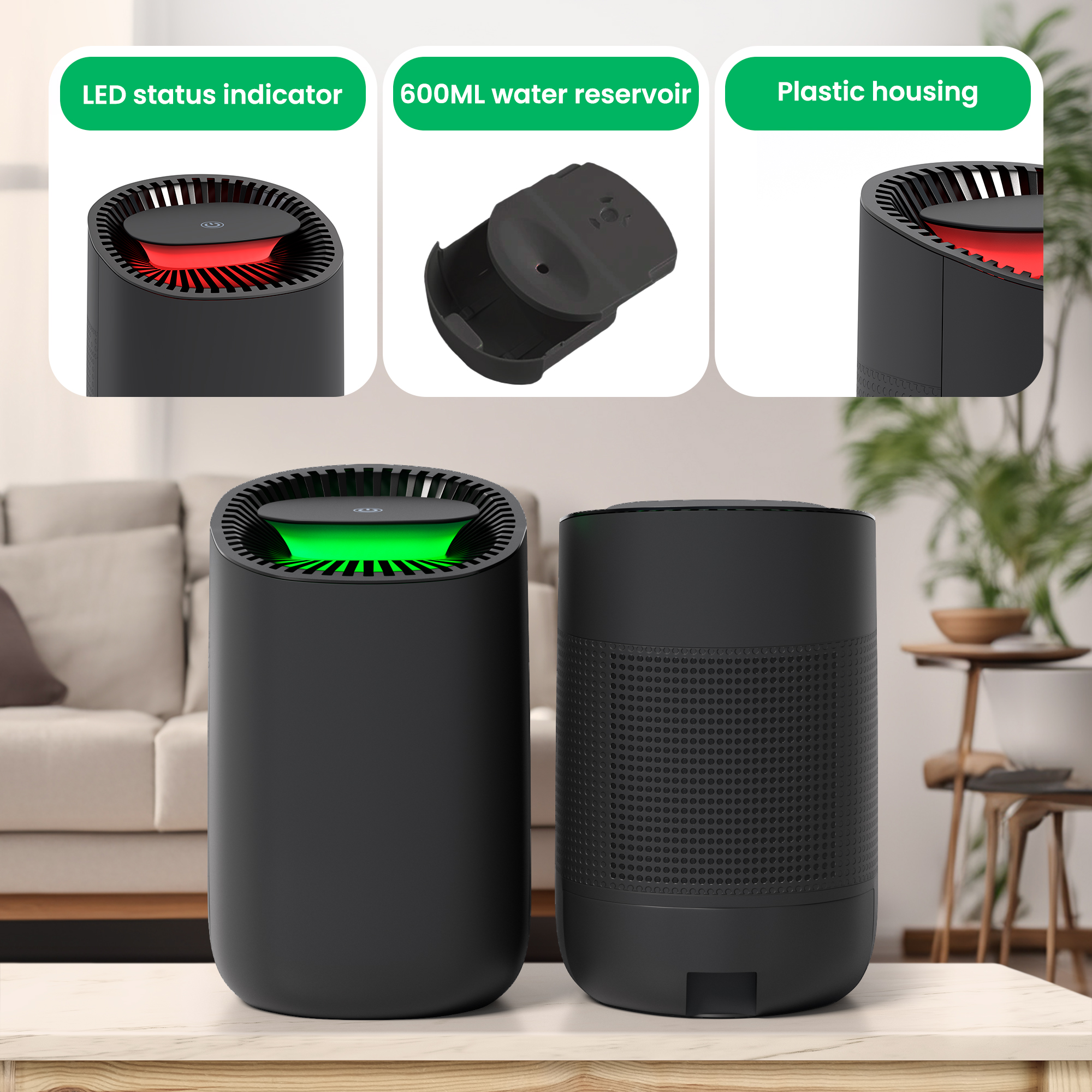 Two black air purifiers on a table, with green and red LED indicators. Labels highlight features.