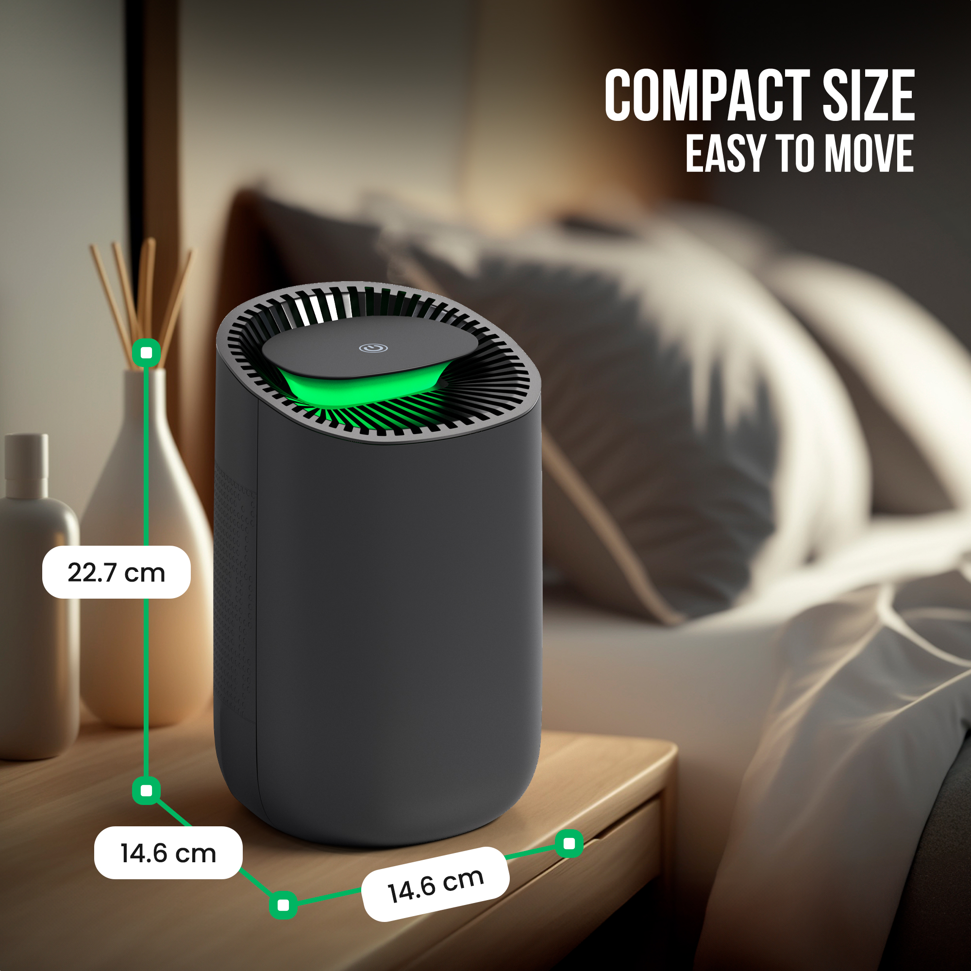A black air purifier on a nightstand, near a bed. It's compact and easy to move. Dimensions are shown as 22.7 cm and 14.6 cm.
