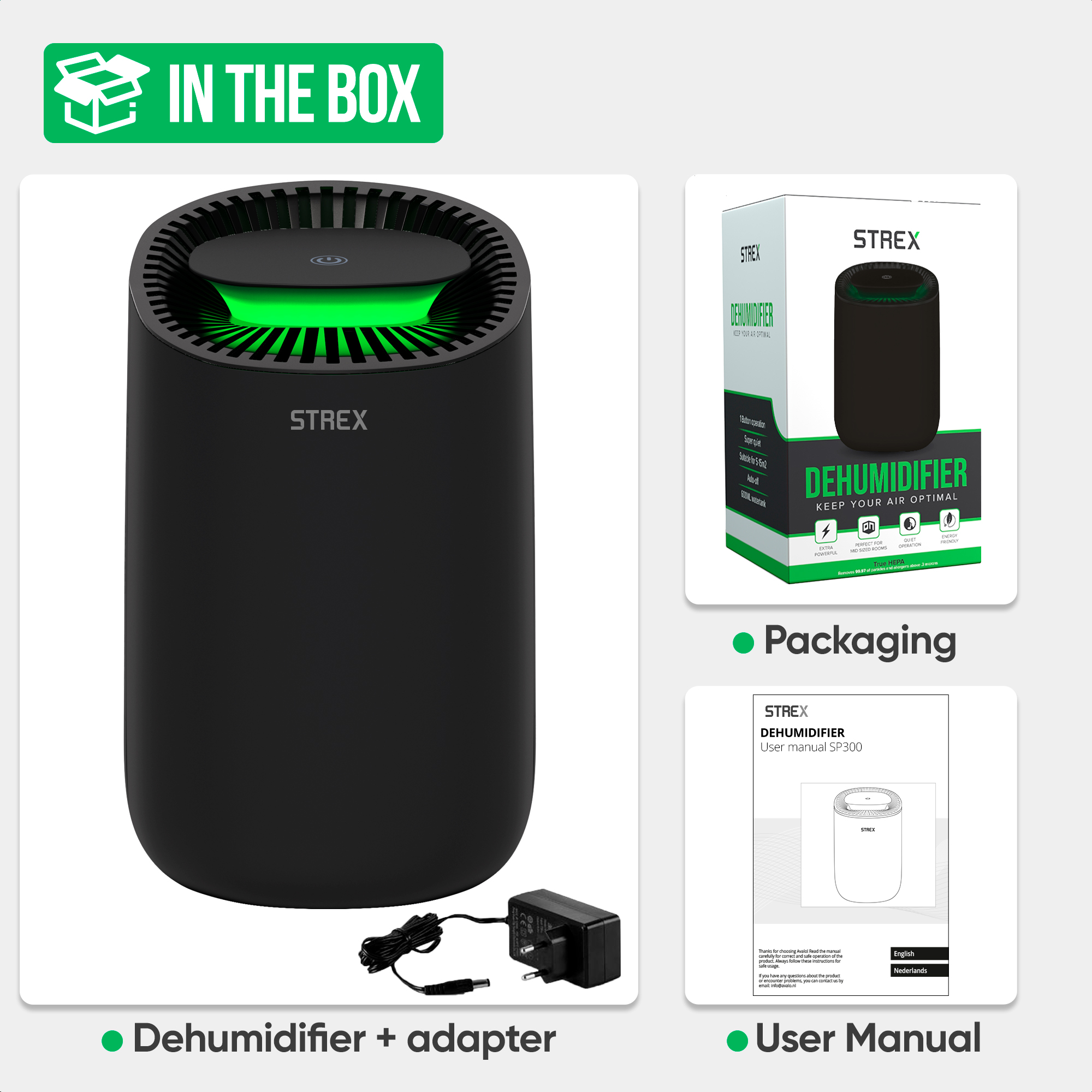 Black dehumidifier with green top light, adapter, packaging, and user manual. The box says 'In the box'.