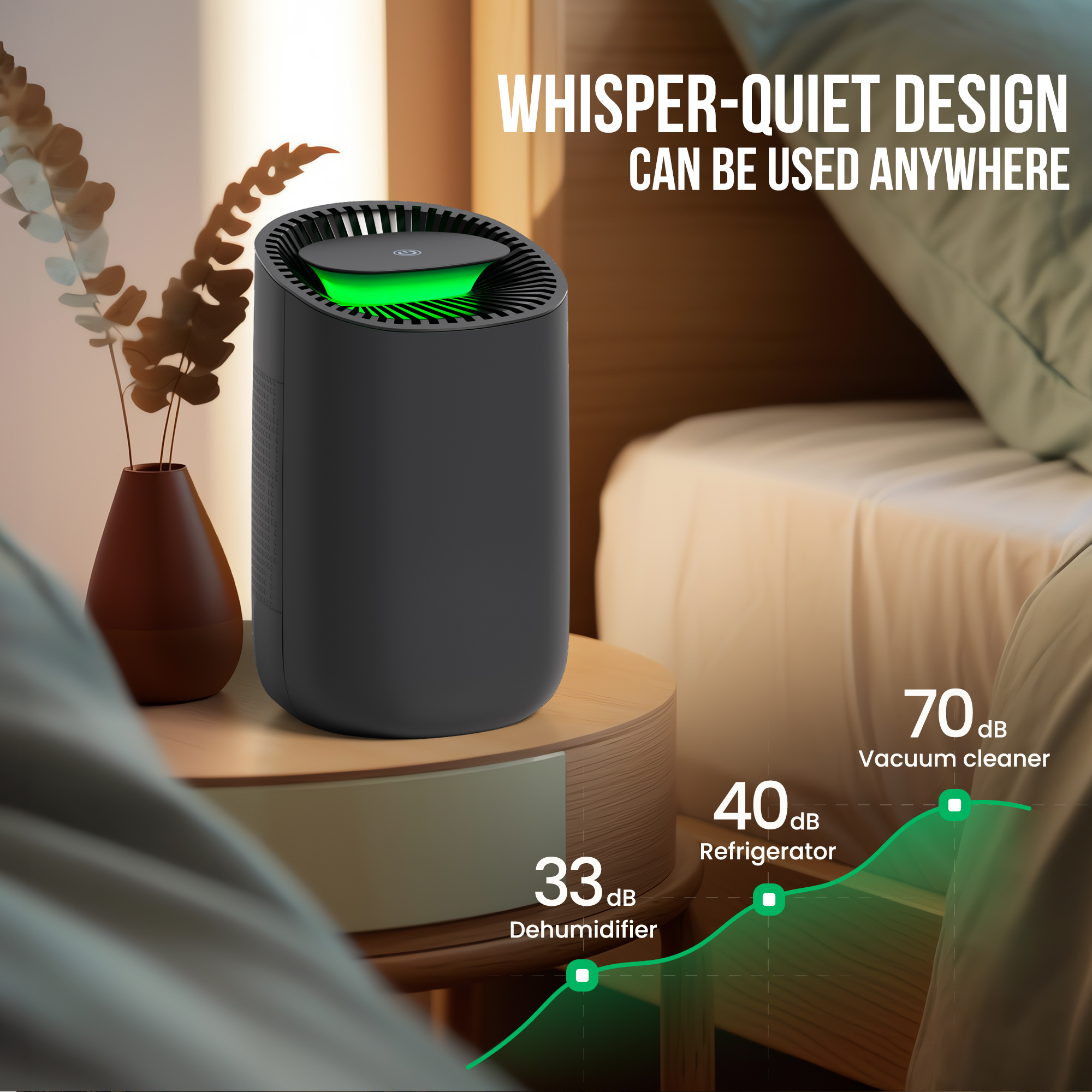 A black air purifier with a green glow sits on a nightstand next to a vase. Text says: Whisper-Quiet Design.