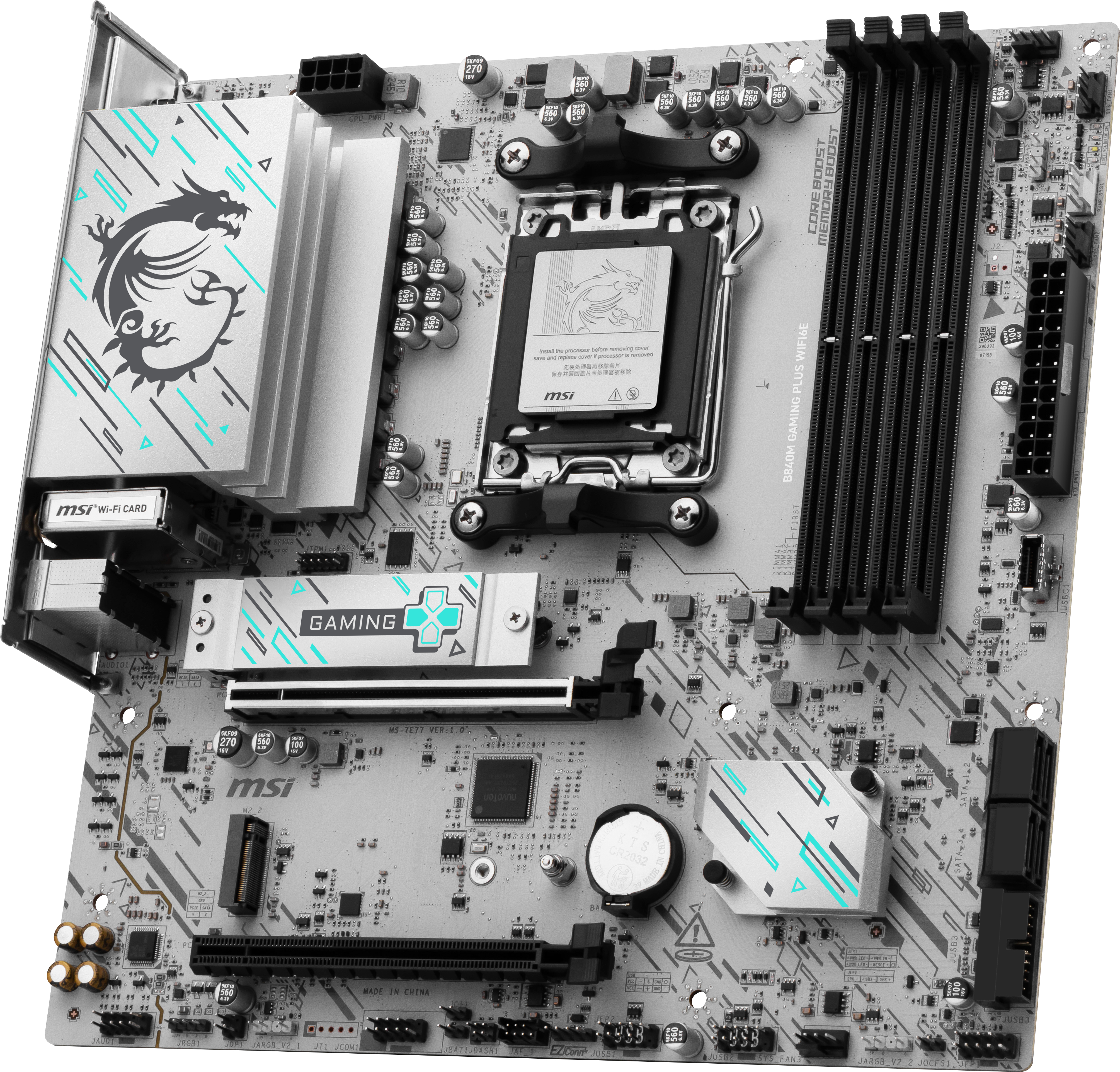 Una scheda madre del computer con più componenti, tra cui un socket CPU, slot RAM e vari connettori.