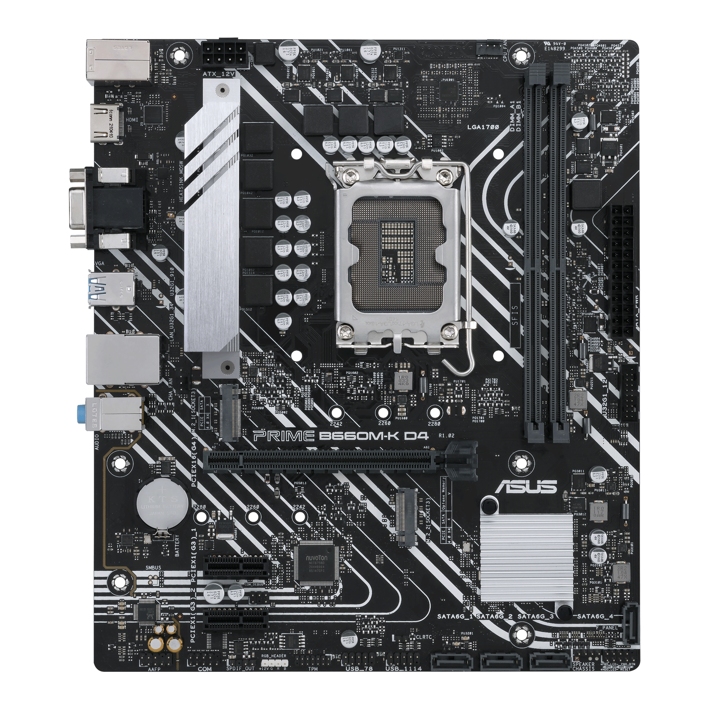 Een zwart moederbord met diverse componenten, waaronder een CPU-socket, poorten en slots, op witte achtergrond.