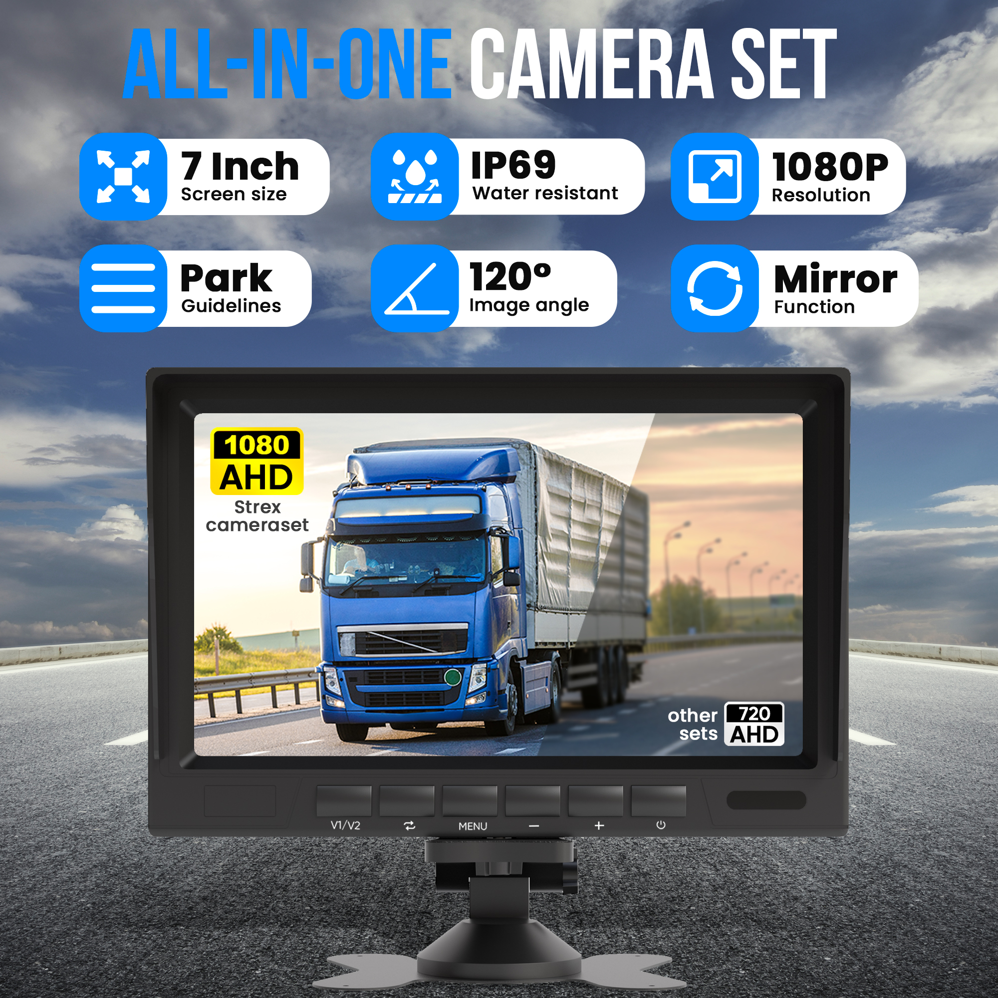 A monitor displaying a truck on a road with icons for screen size, water resistance, resolution, parking guidelines, image angle, and mirror function.