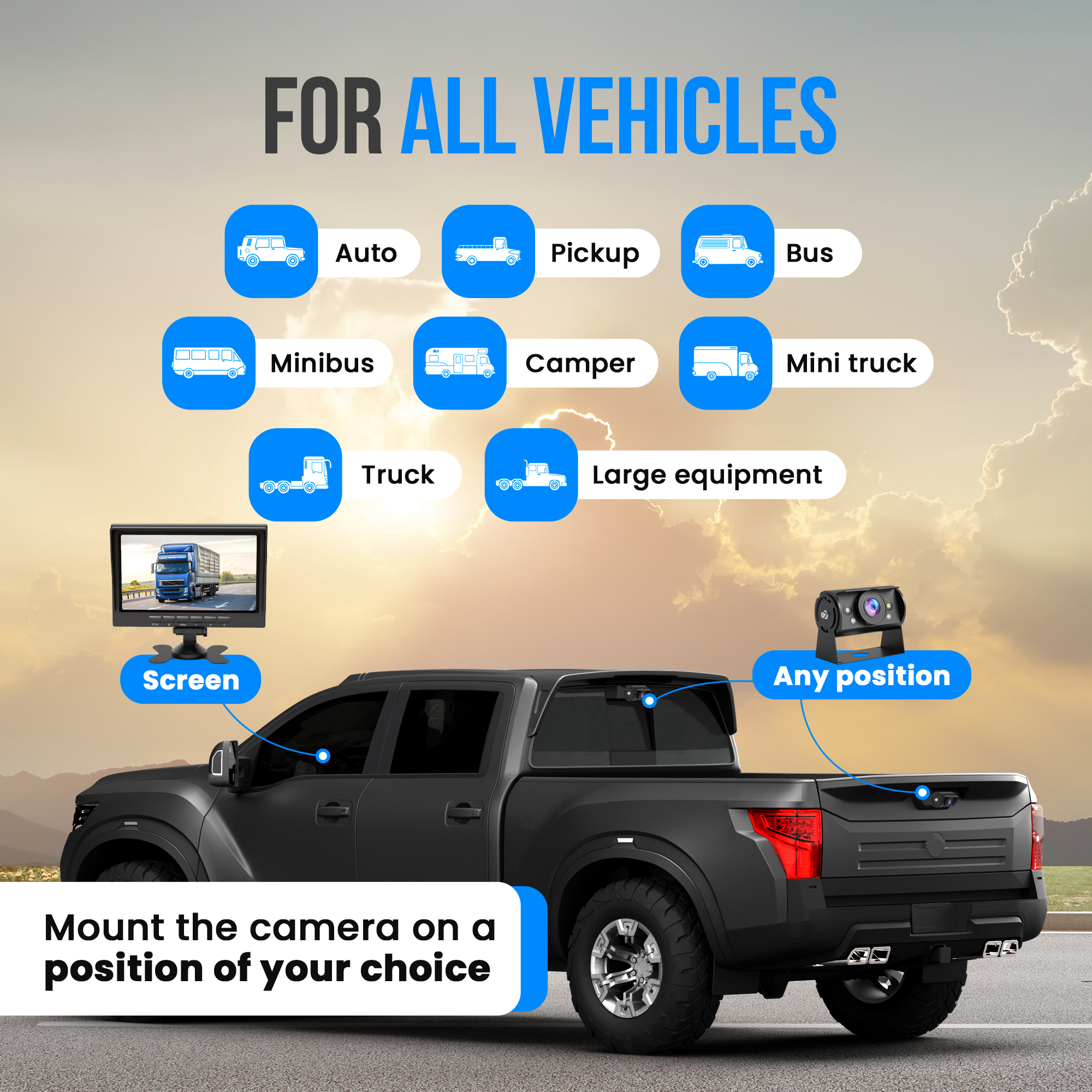 Image shows various vehicle types with a pickup truck displaying a screen and camera setup, emphasizing positioning flexibility.