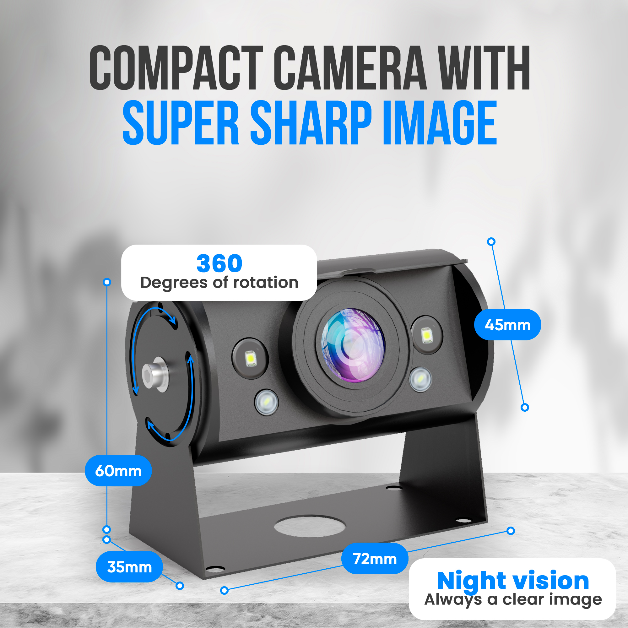 A black compact camera with measurements. Text says: Compact camera with super sharp image. Features: 360 rotation, night vision.