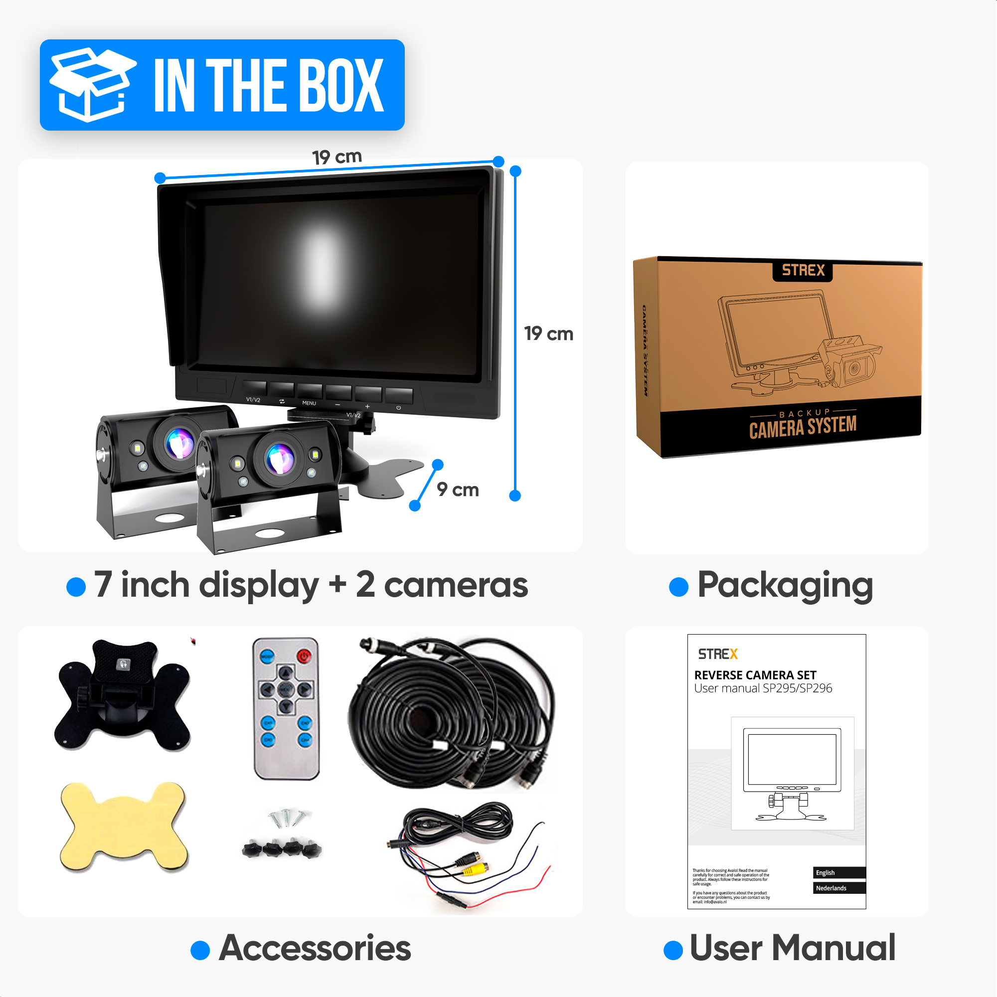 Image shows a car backup camera system with a 7-inch display, two cameras, accessories, packaging, and a user manual.