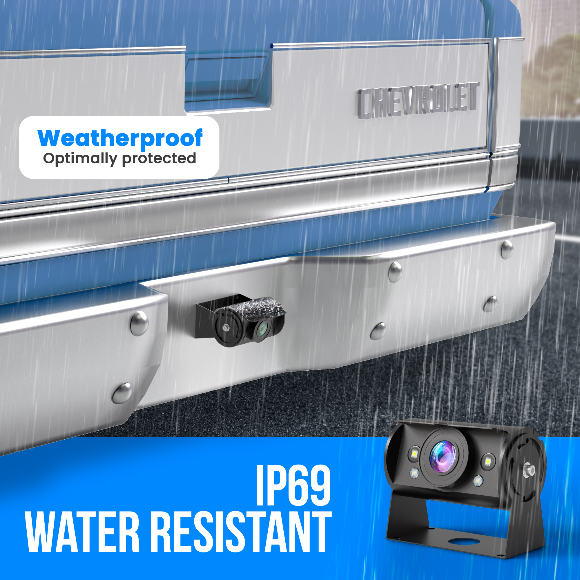 A car's rear with a camera and IP69 water resistance label. The car is blue and white. It is raining.