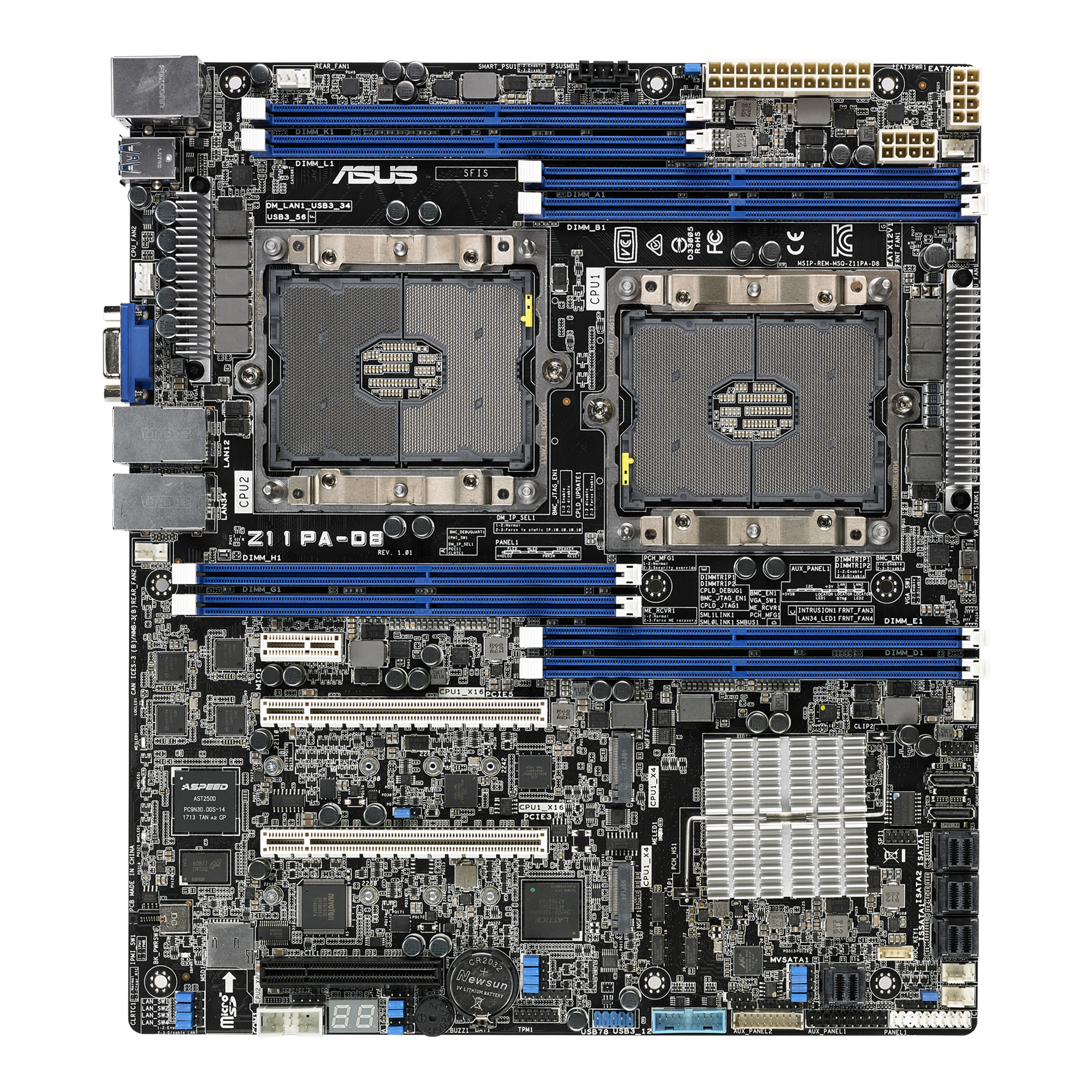 Schwarzes ASUS Z11PA-DB Server-Motherboard mit mehreren Steckplätzen, Anschlüssen und einem Kühlkörper. Das Board befindet sich auf weißem Hintergrund.