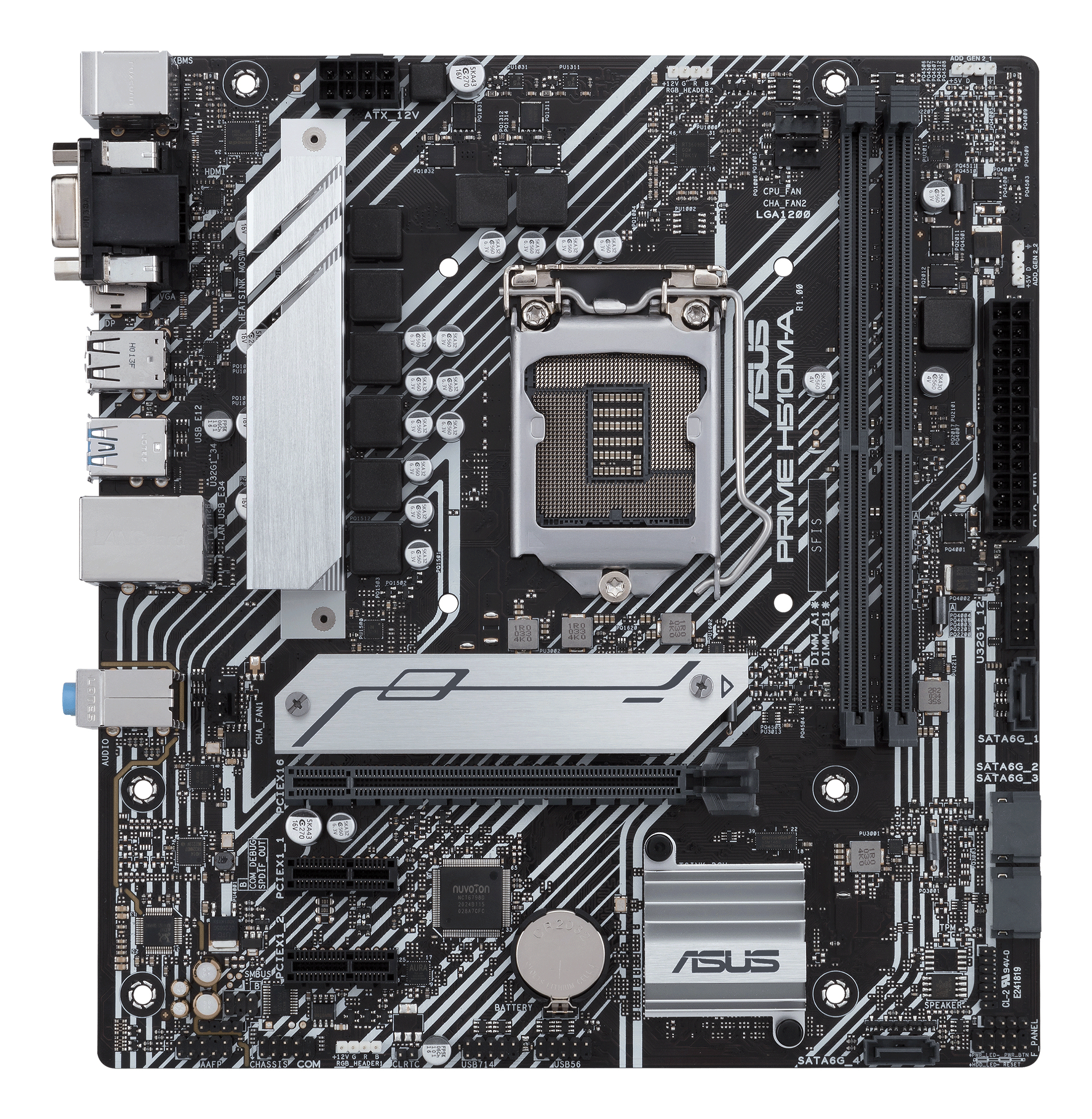 Scheda madre per computer nera con vari componenti, tra cui socket CPU, slot e porte.