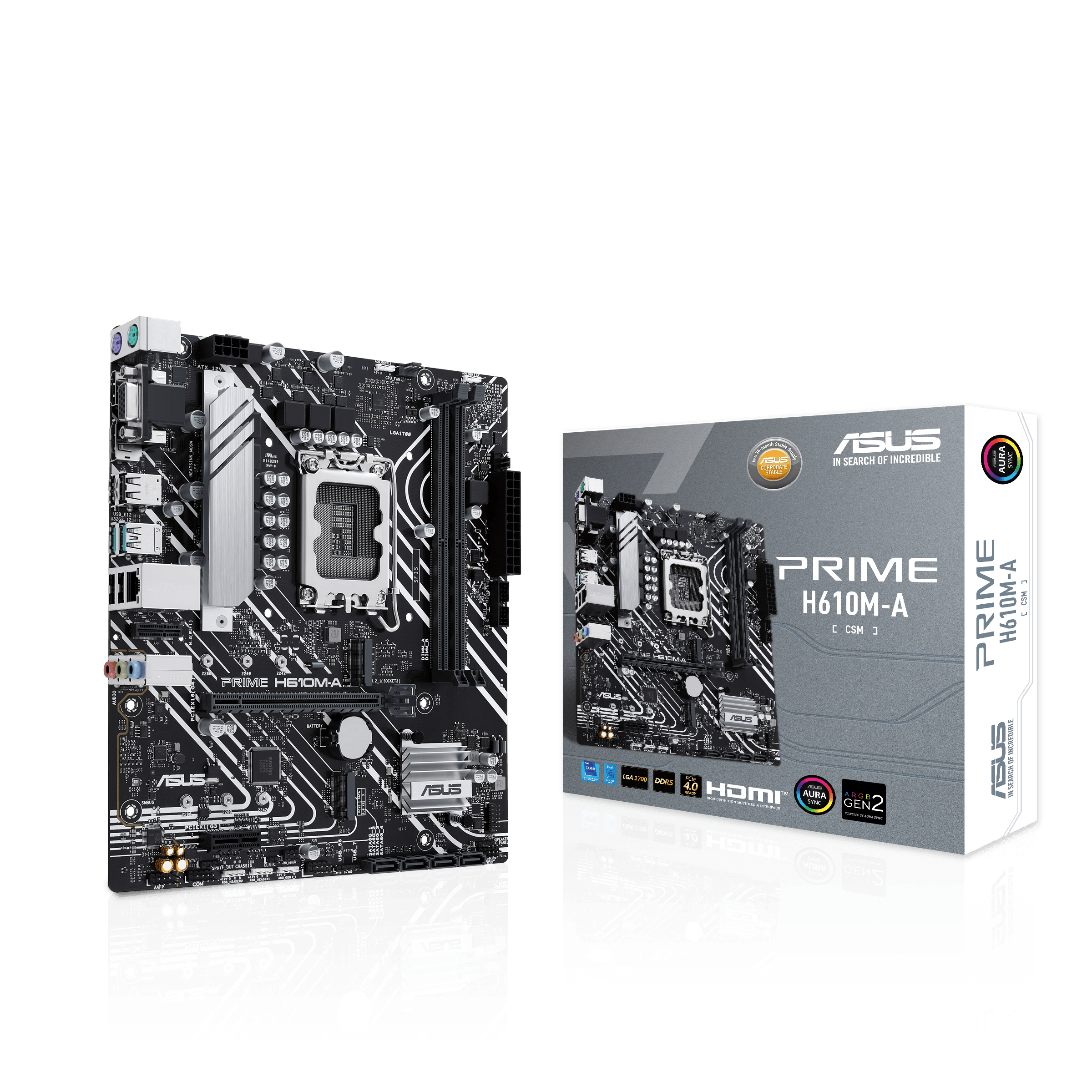 Black and silver ASUS PRIME H610M-A motherboard, with a box on the right side showing the same motherboard.