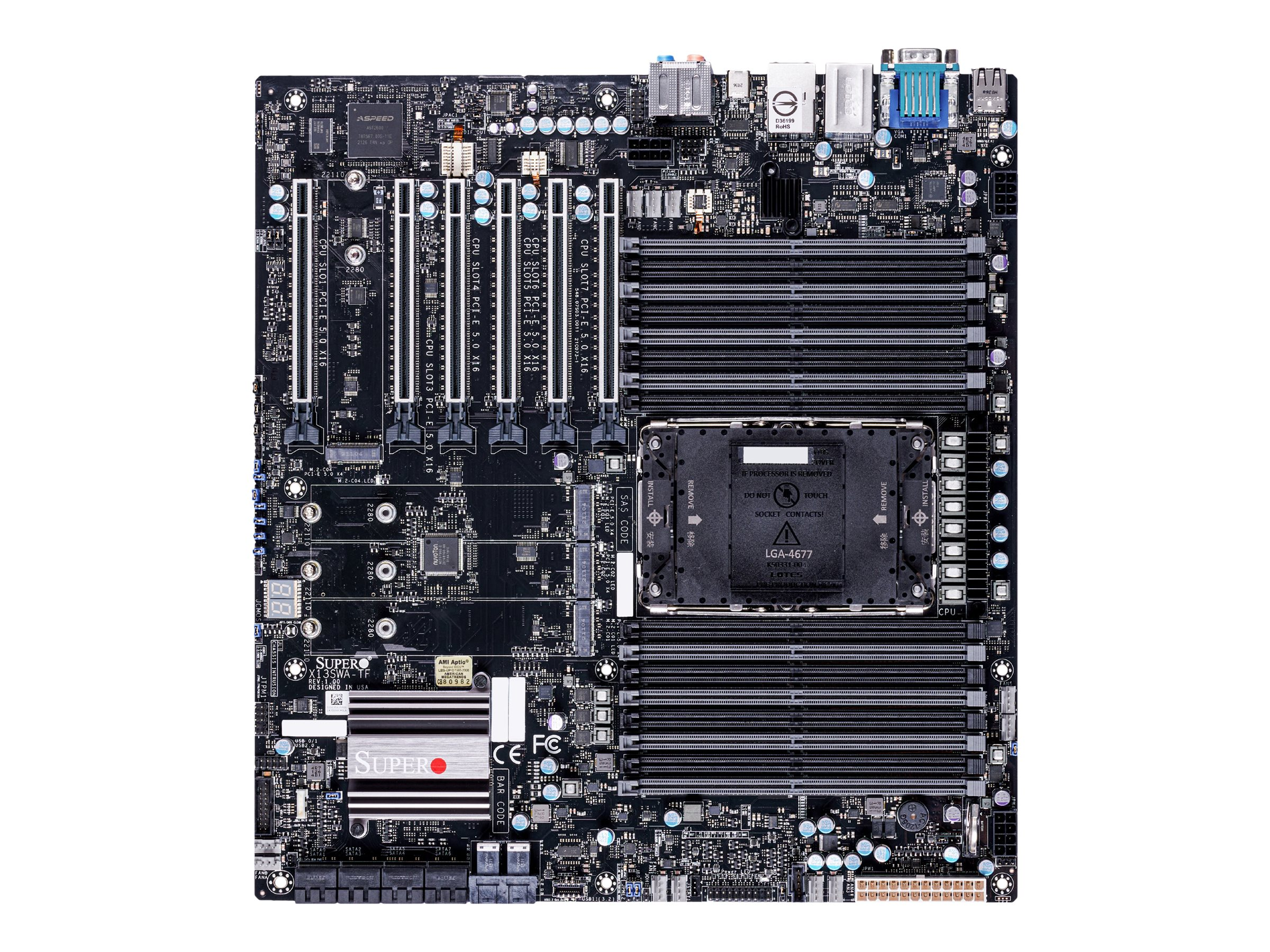Scheda circuito nero con componenti, porte e slot, tra cui socket CPU, slot RAM e slot di espansione.